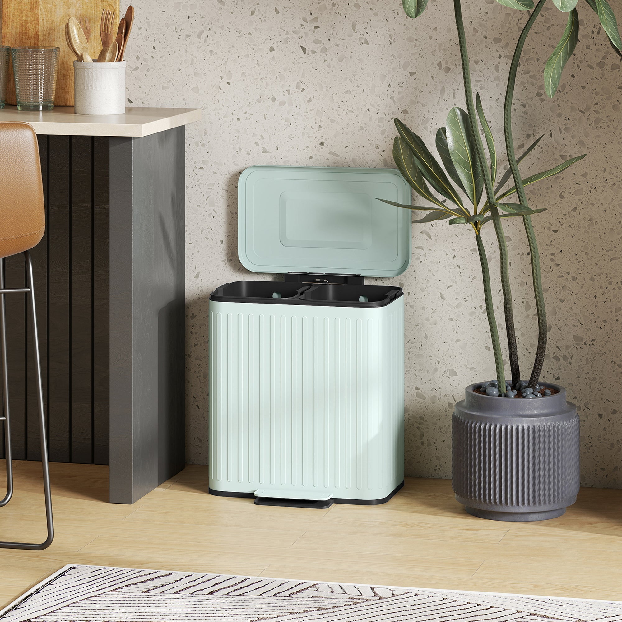 HOMCOM Dual Kitchen Bin, 2 x 20L Double Bin for Recycling and Waste, Fingerprint-proof Pedal Bin with Soft-Close Lid, Removable Inner Buckets, Green