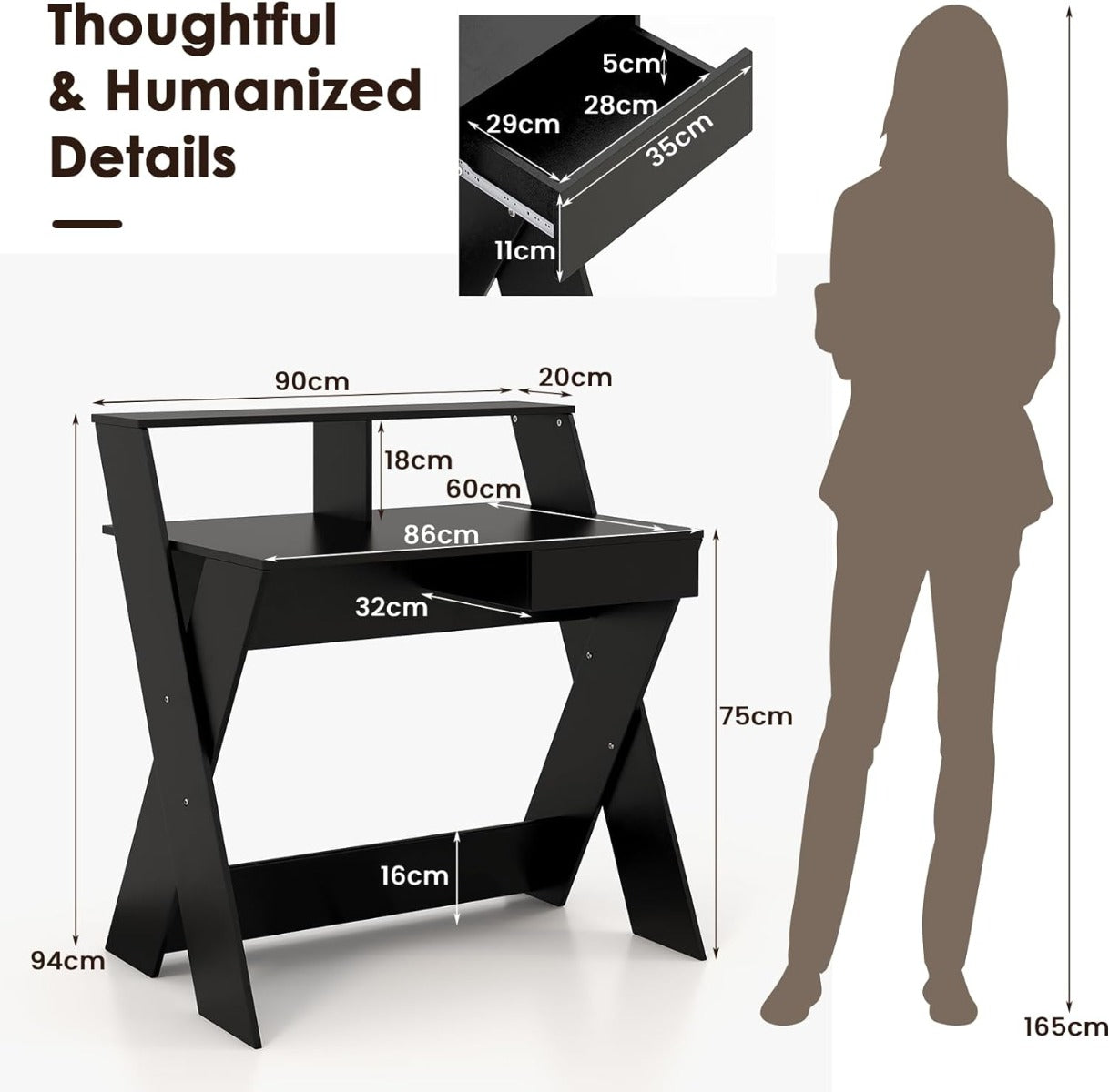 Computer Desk with Storage Drawer and Monitor Stand Riser-Black