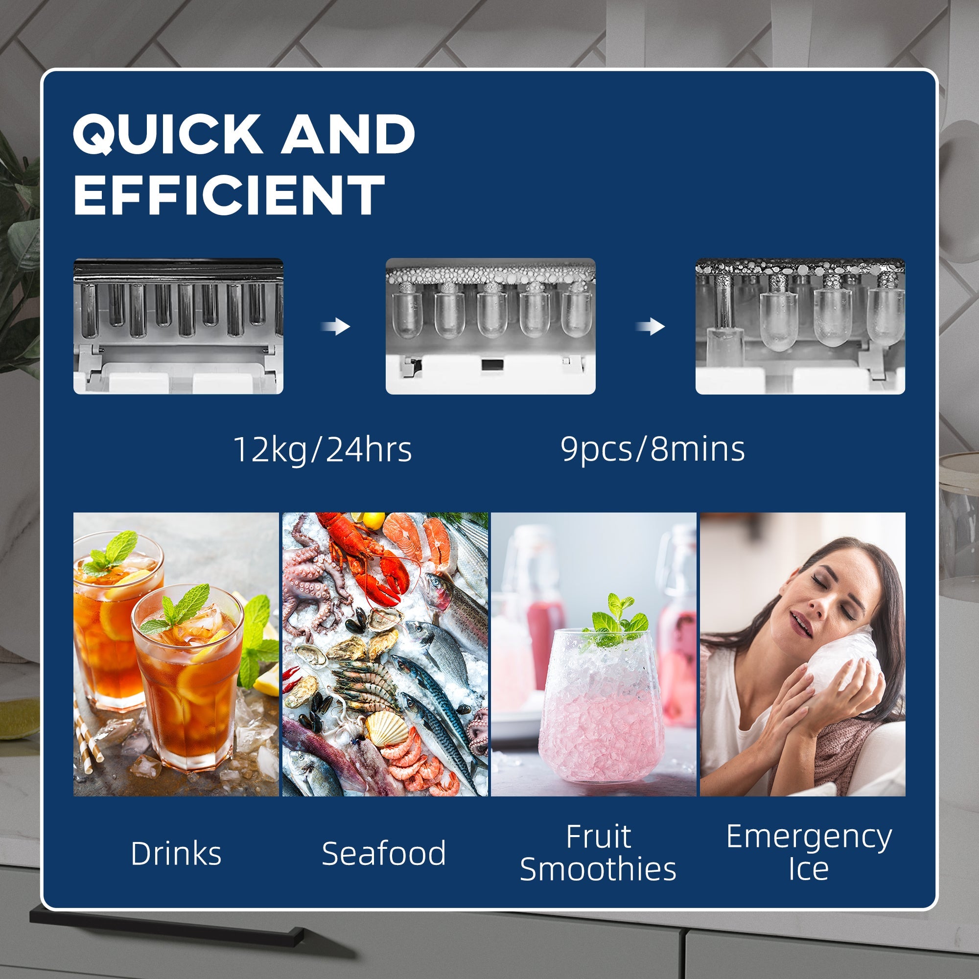 HOMCOM Ice Maker Machine Countertop, 9 Ice Cubes in 8 Mins, 12KG in 24Hrs, Self-Cleaning Portable Ice Cube Maker with Ice Scoop and Basket, Stainless Steel, No Plumbing Required, Black