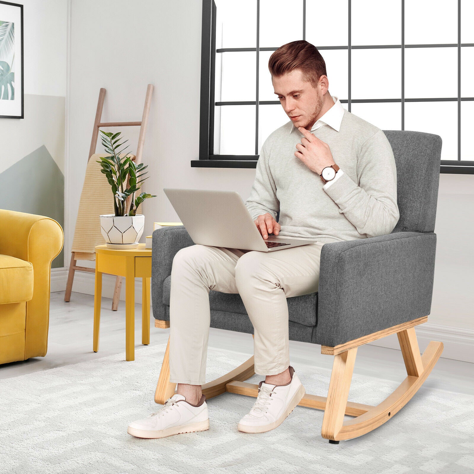 Fabric Upholstered Recliner Rocking Chair Armchair Lounge Sofa Seat Relax Rocker-Grey