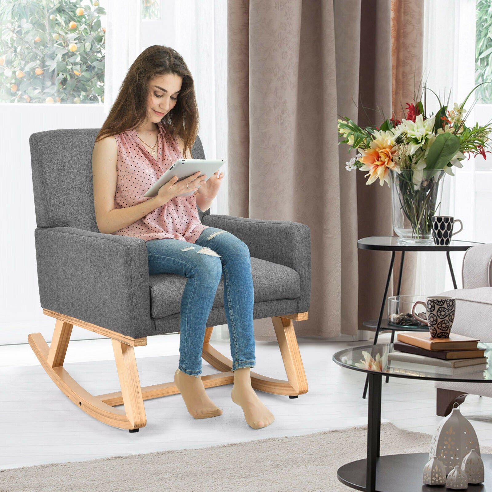 Fabric Upholstered Recliner Rocking Chair Armchair Lounge Sofa Seat Relax Rocker-Grey