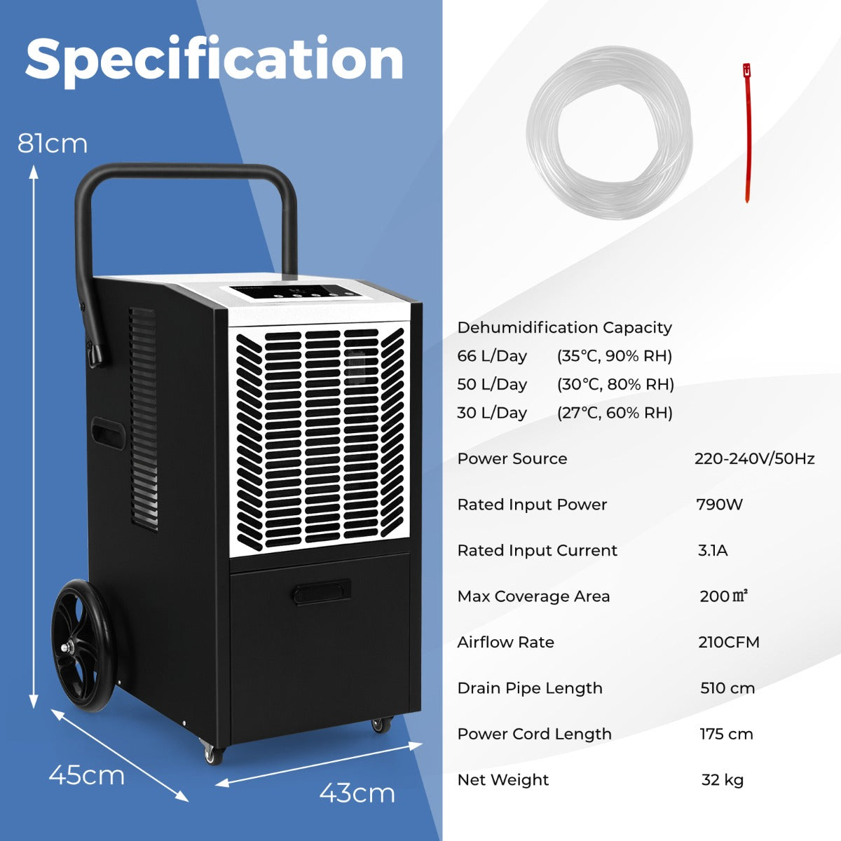 66 L/Day Commercial Dehumidifier with Pump and Drain Hose for Basement Warehouse Job Site-White