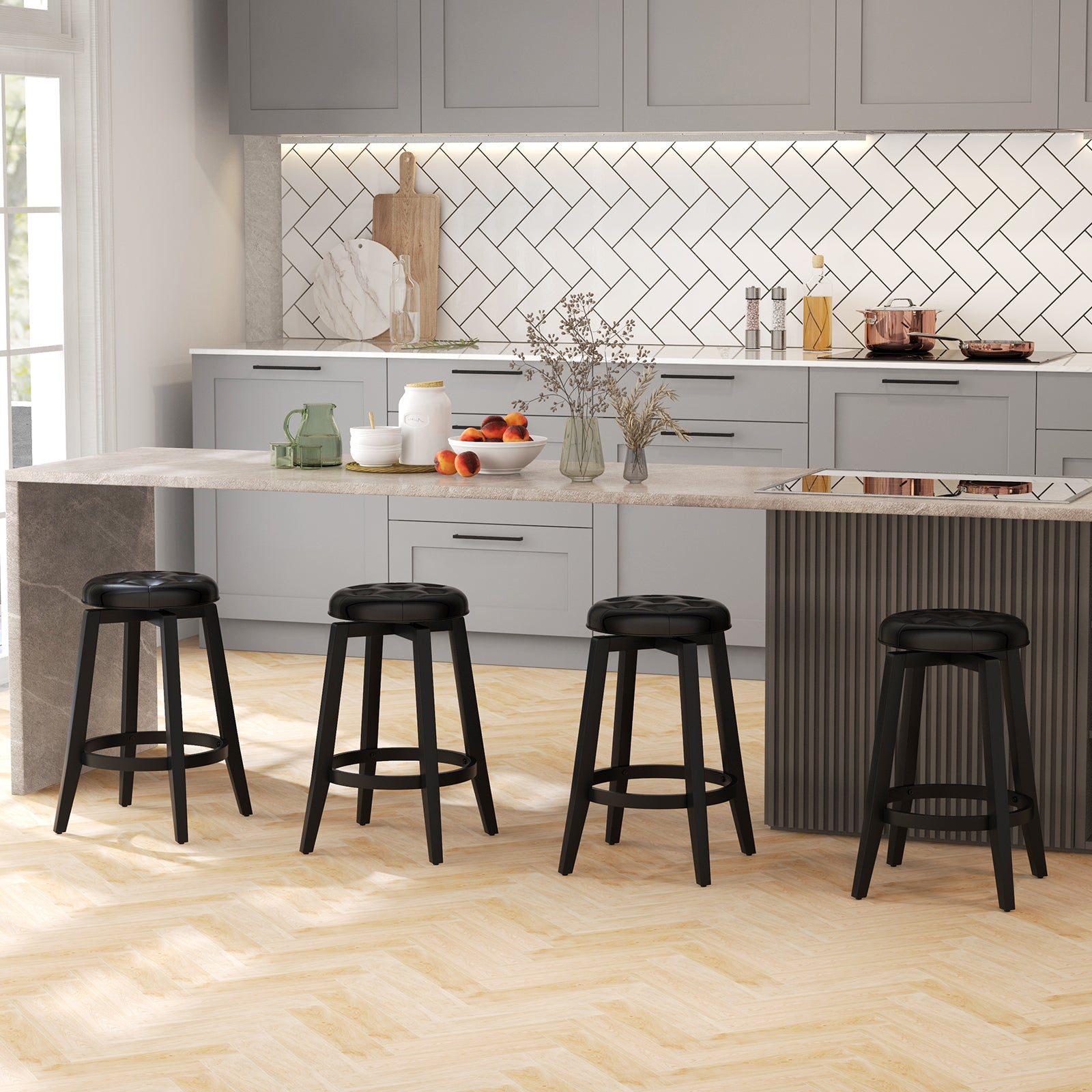 360¬∞ Swivel Upholstered Bar Stool Set of 2 with Footrest-Black