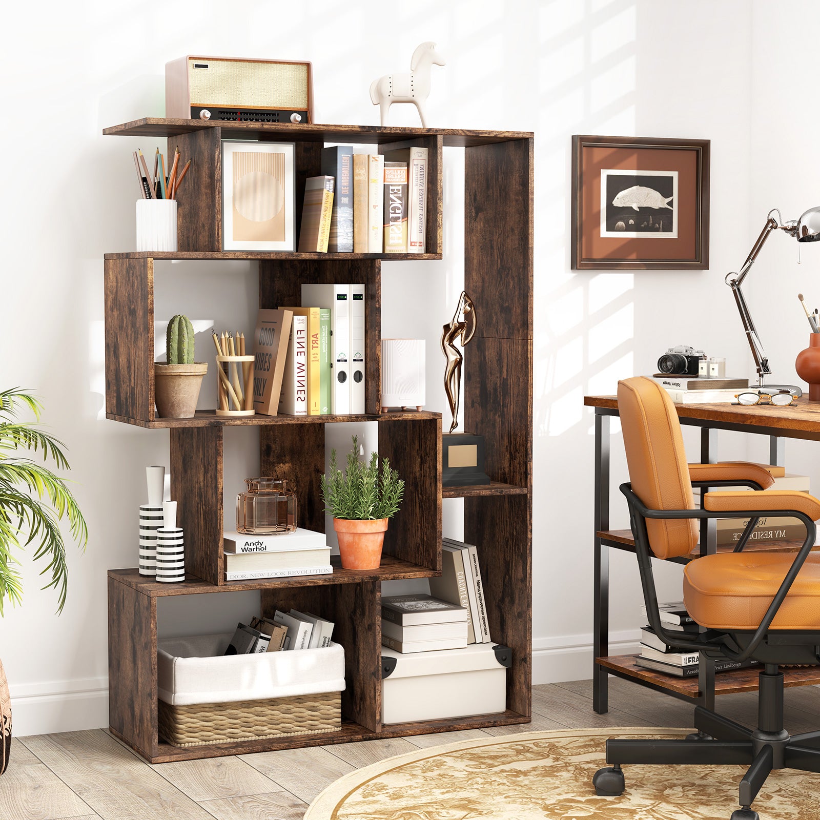 6-Cube Open-back Geometric Bookshelf with Anti-tip Kits-Coffee