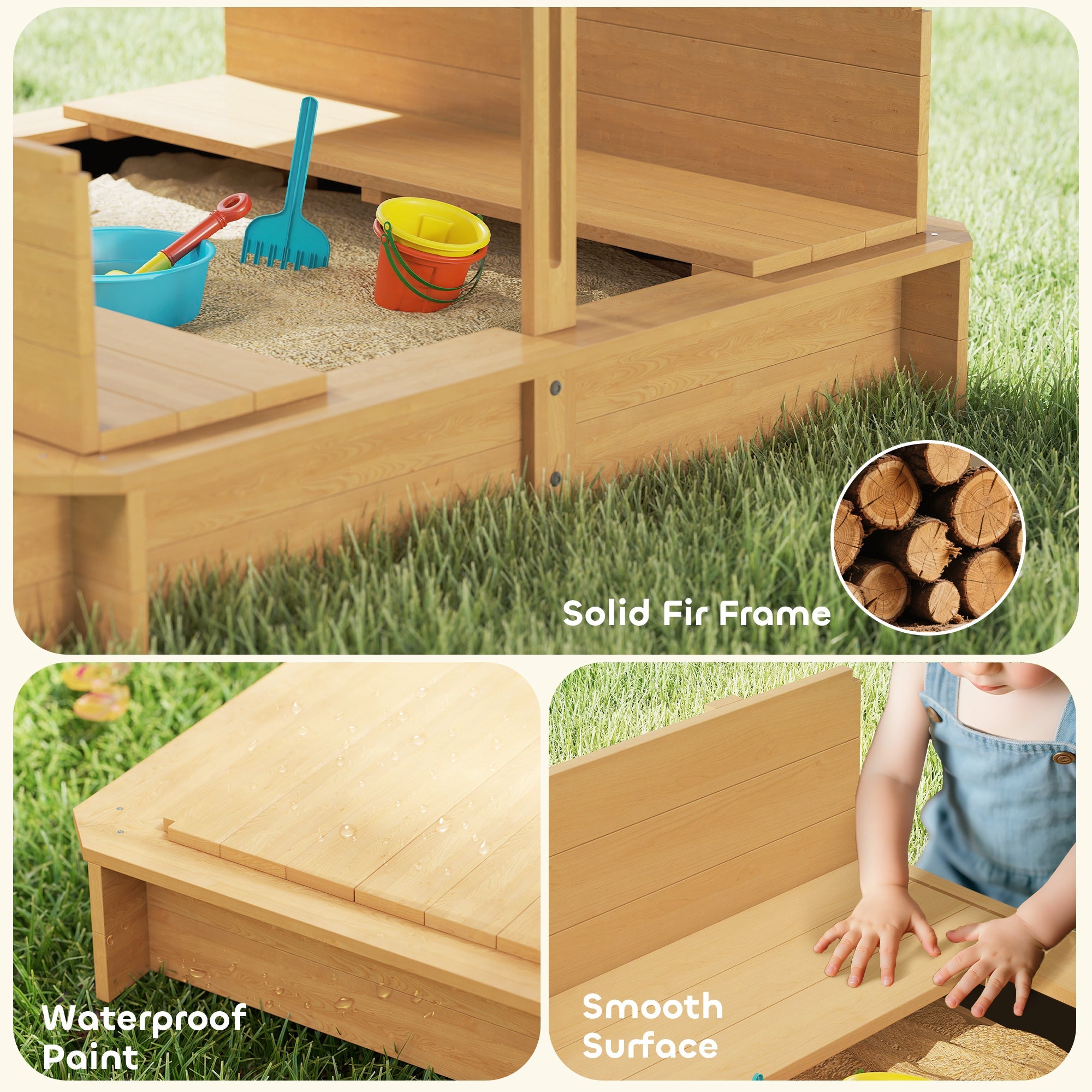 Outsunny Kids Square Wooden Sandpit, Children Sandbox Outdoor Playset
