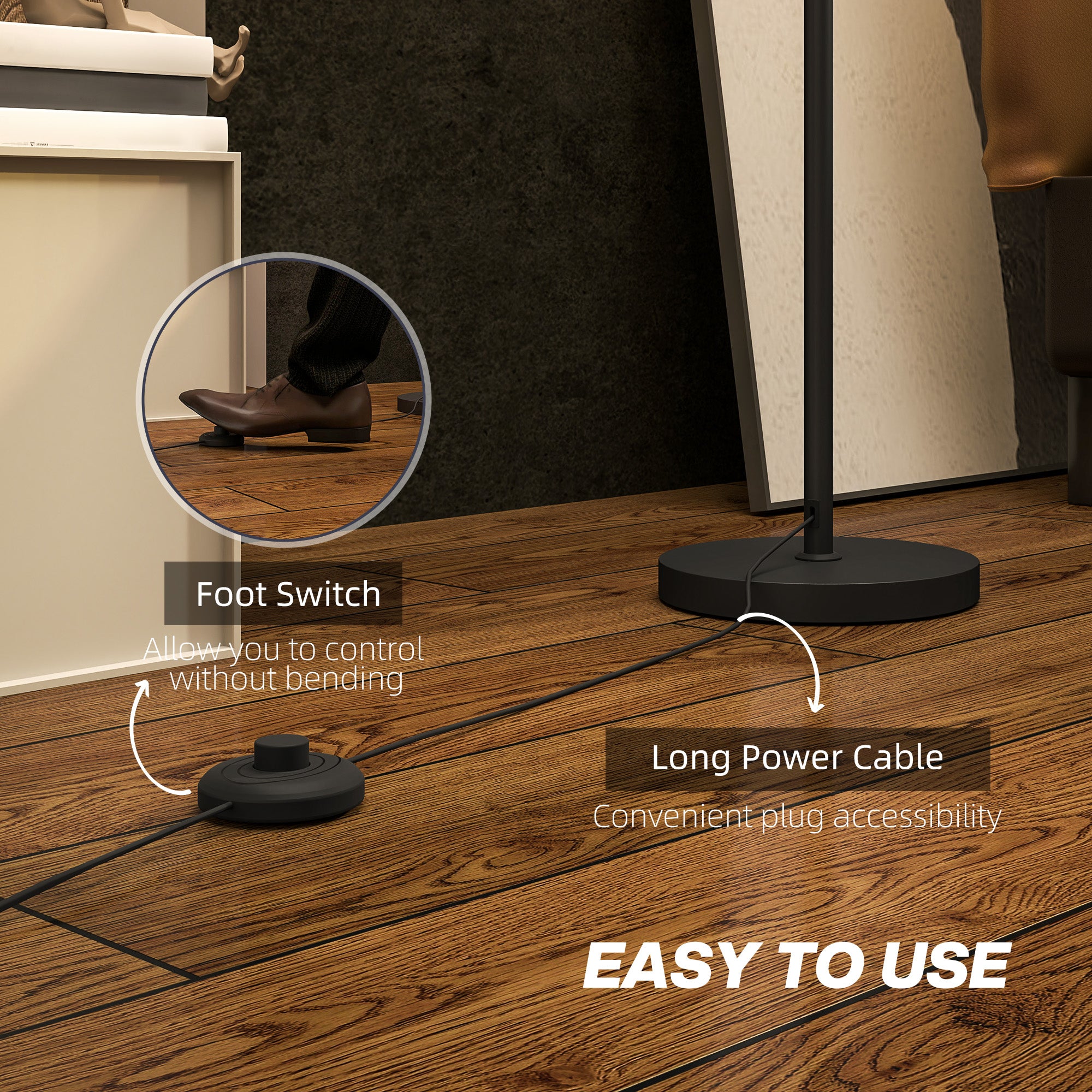 HOMCOM Floor Lamp for Living Room, Modern Standing Lamp with Linen Shade & Foot Switch, Minimalist Tall Pole Lampshade for Bedroom, Office, White