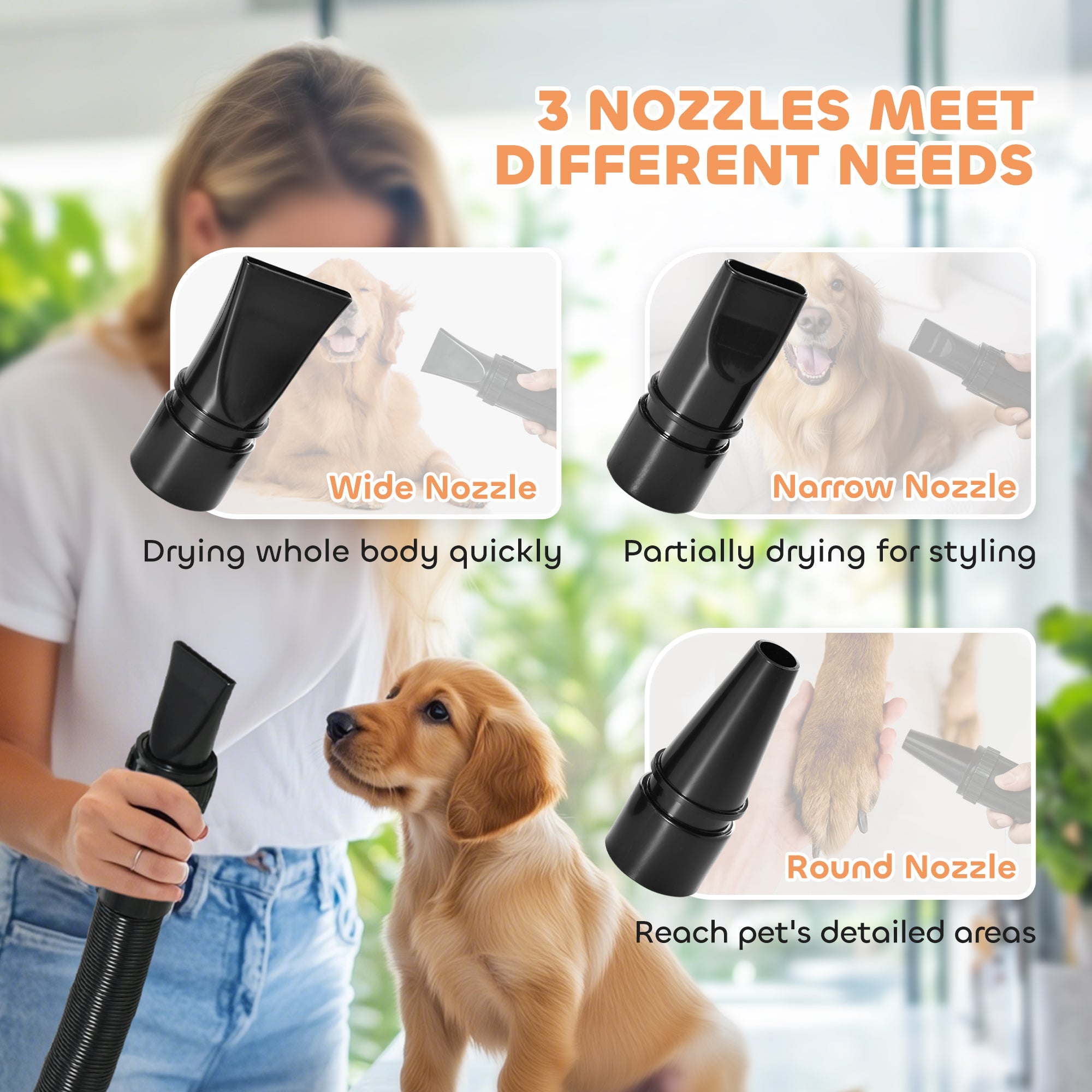 PawHut 2200W Dog Hair Dryer with Adjustable Temperature & Velocity, 3 Different Nozzles, Black