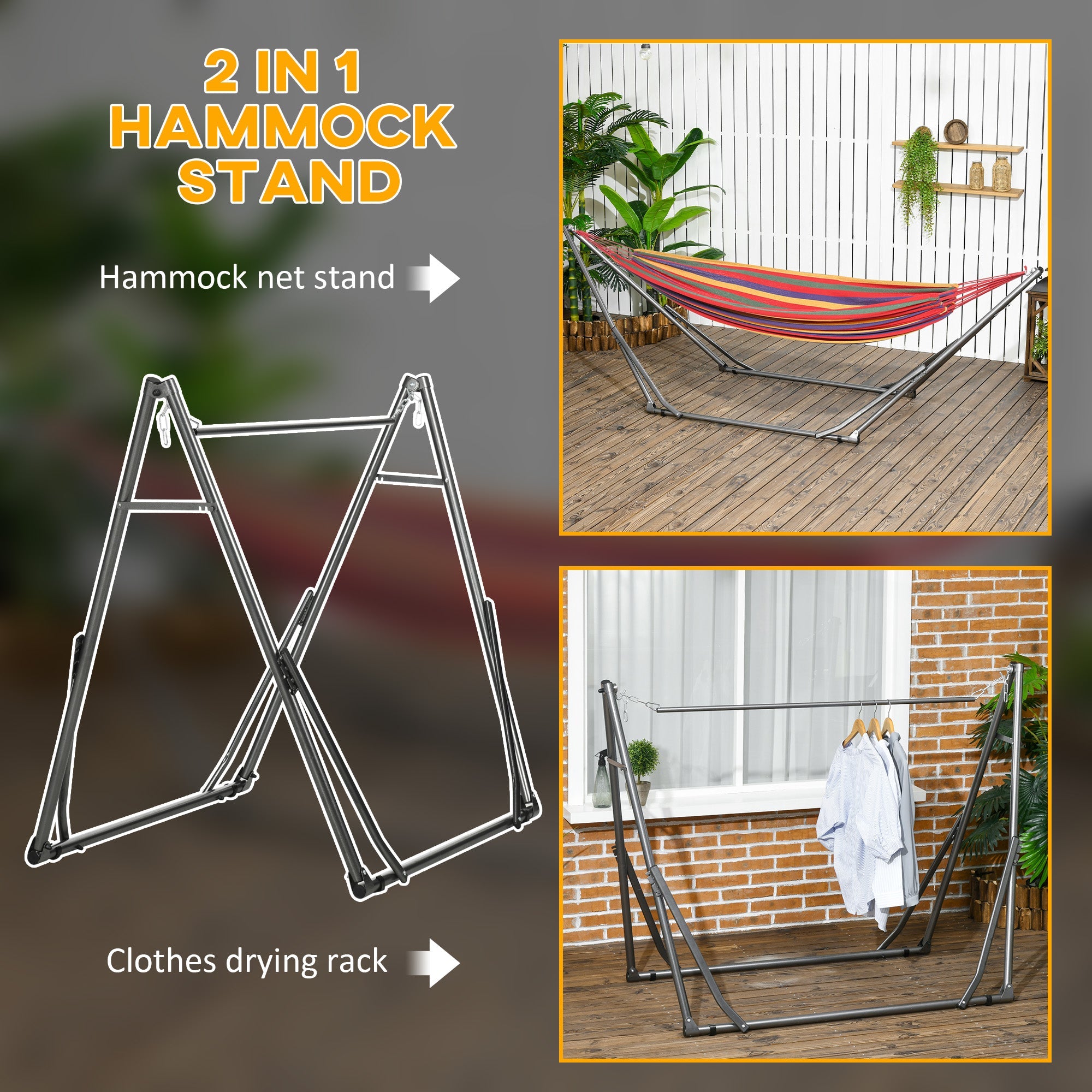 Outsunny Foldable Hammock Stand, Portable Hammock with Metal Frame, 2 in 1 Hammock Net Stand, Clothes Drying Rack, Load Capacity 120kg, for Patio, Garden, Yard, Black
