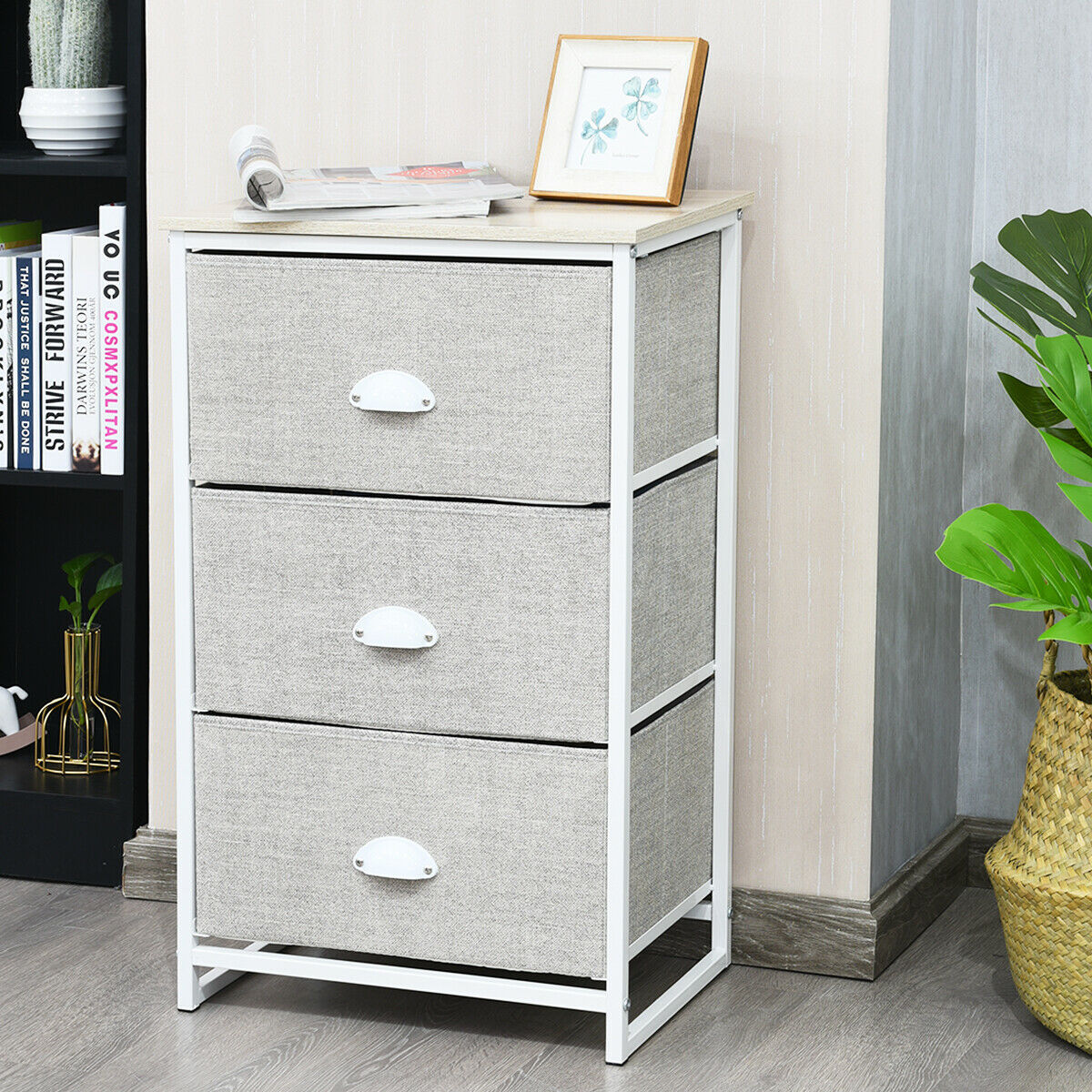 3/4 Fabric Nightstand Bedside Storage Cabinet Folding Drawers-3-Tier-White