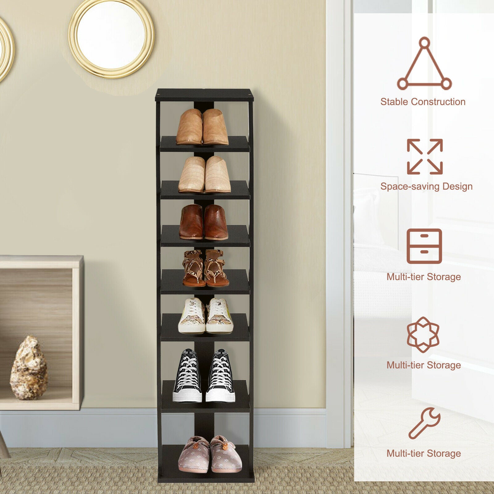 Wooden Vertical Shoe Rack with 7 Shelves-Black