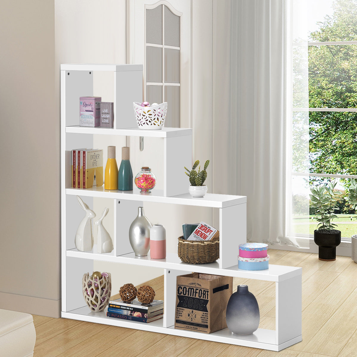 6-Cube Ladder Bookcase for Living Room Study Office-White