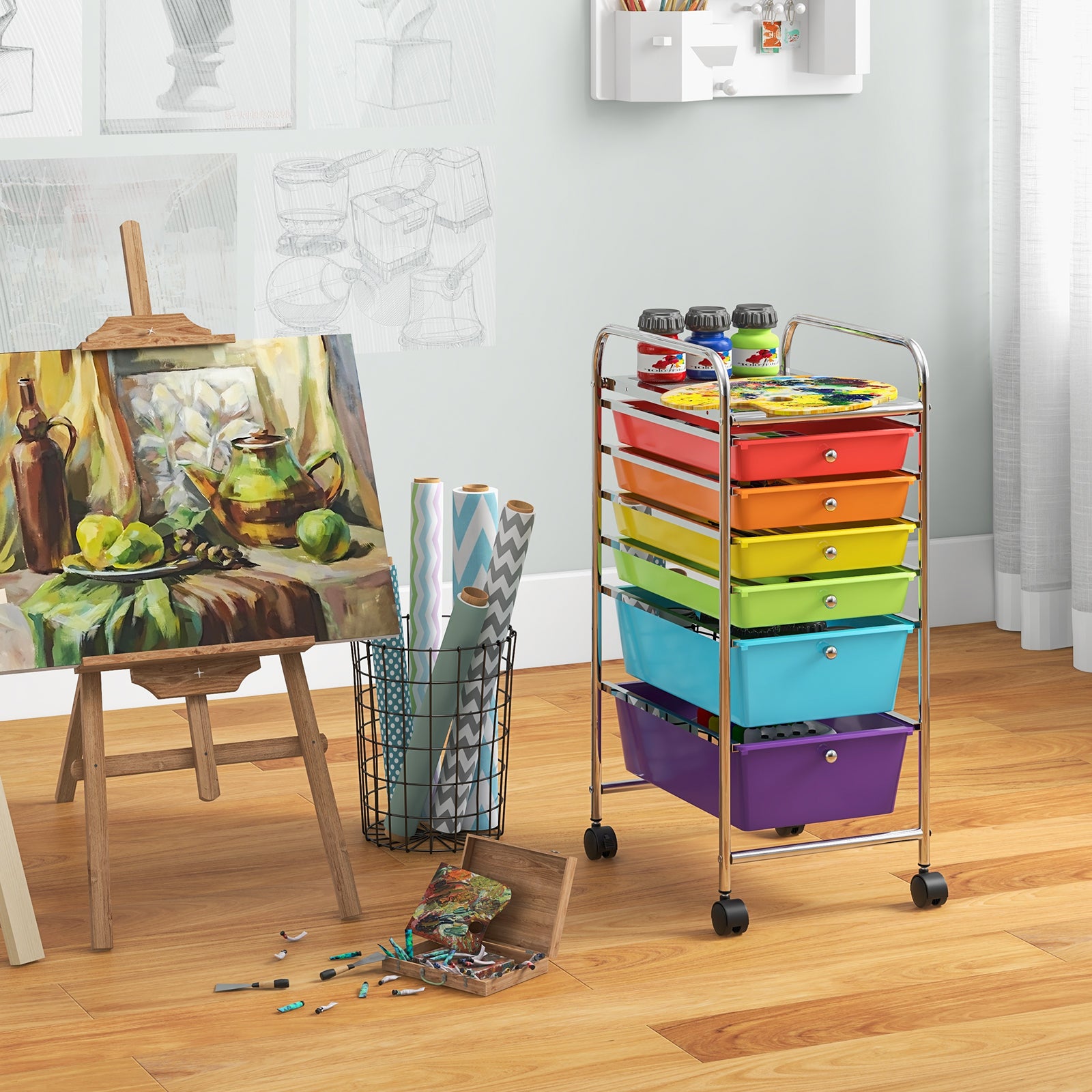 6 Drawers Storage Trolley with 4 Wheels for Makeup Beauty Salon-Multicolor