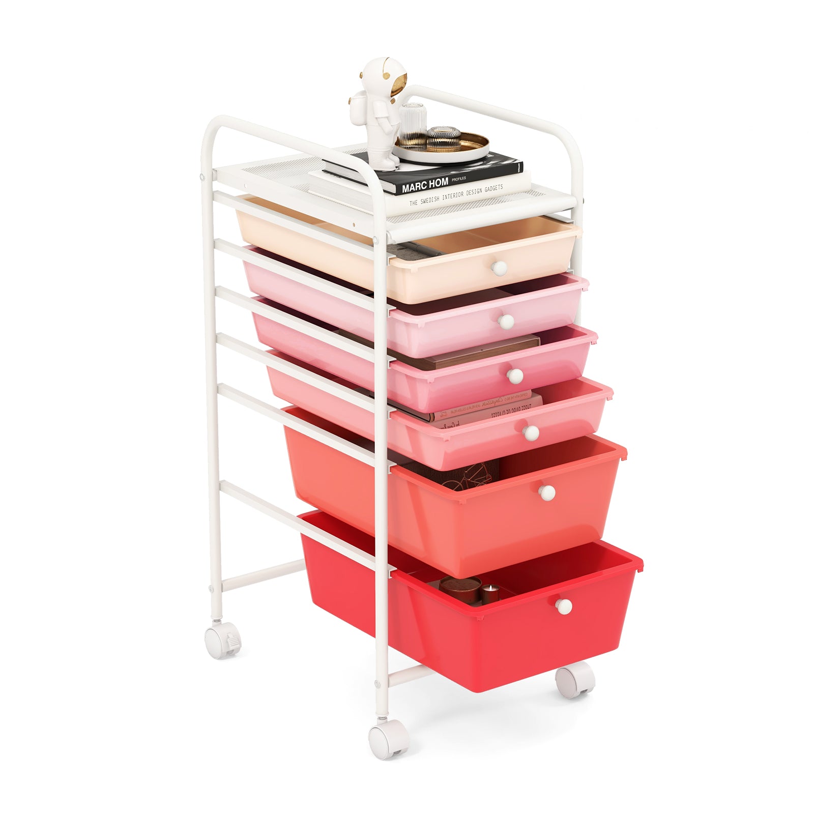 6 Drawers Storage Trolley with 4 Wheels for Makeup Beauty Salon-Pink