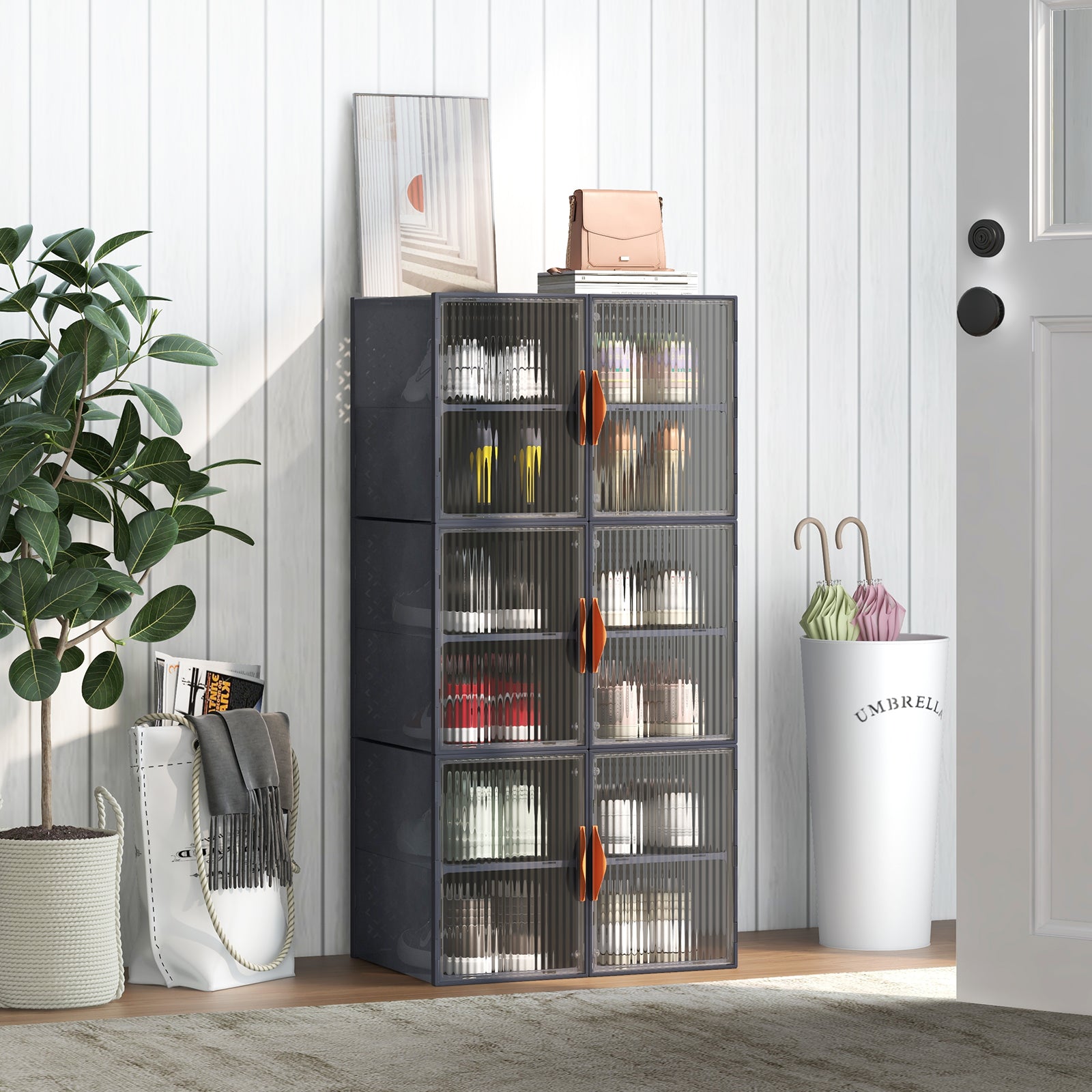 6 Pack 12-Grids Plastic Stackable Shoe Storage Boxes with Clear Magnetic Doors-Grey