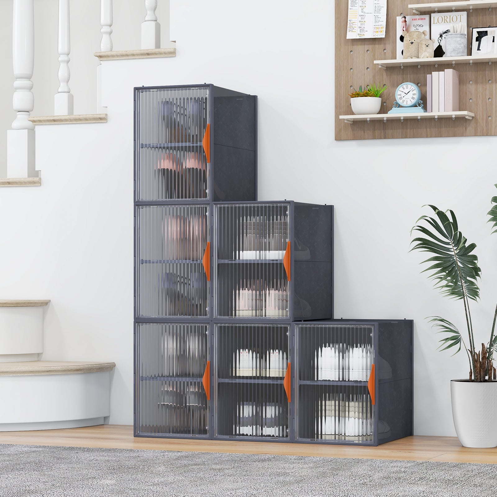 6 Pack 12-Grids Plastic Stackable Shoe Storage Boxes with Clear Magnetic Doors-Grey