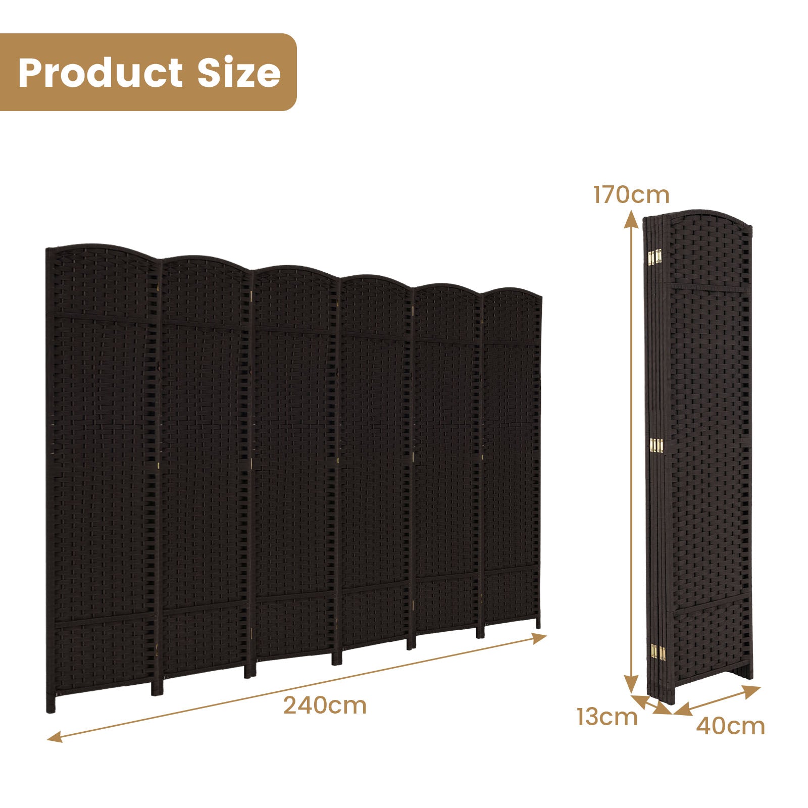 6-Panel Room Divider Folding Privacy Screen with Hand-woven Texture-Brown