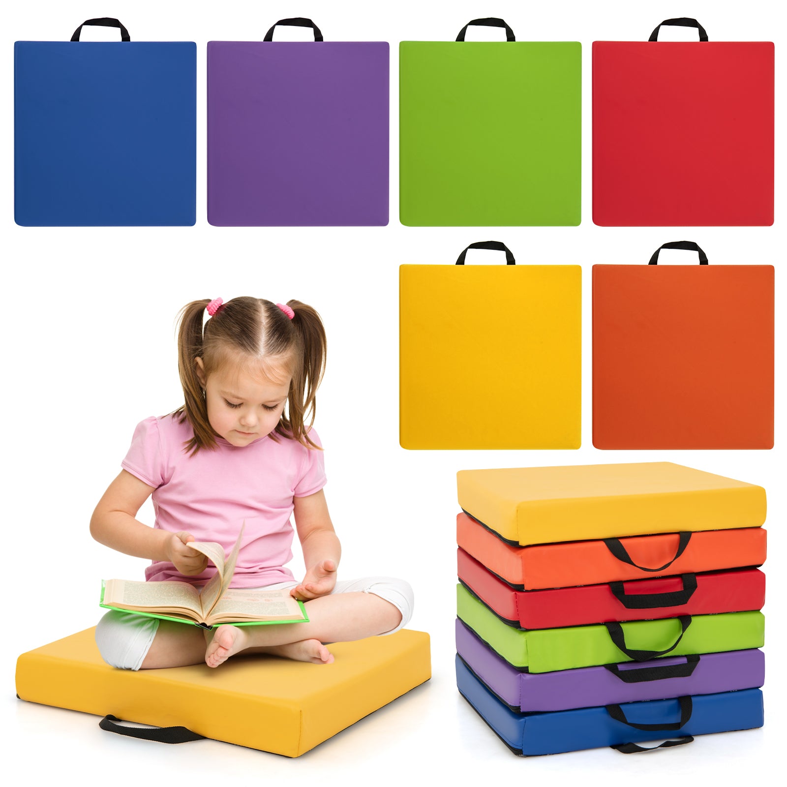 6 Pieces Square Floor Cushions with Carrying Handles-Colourful