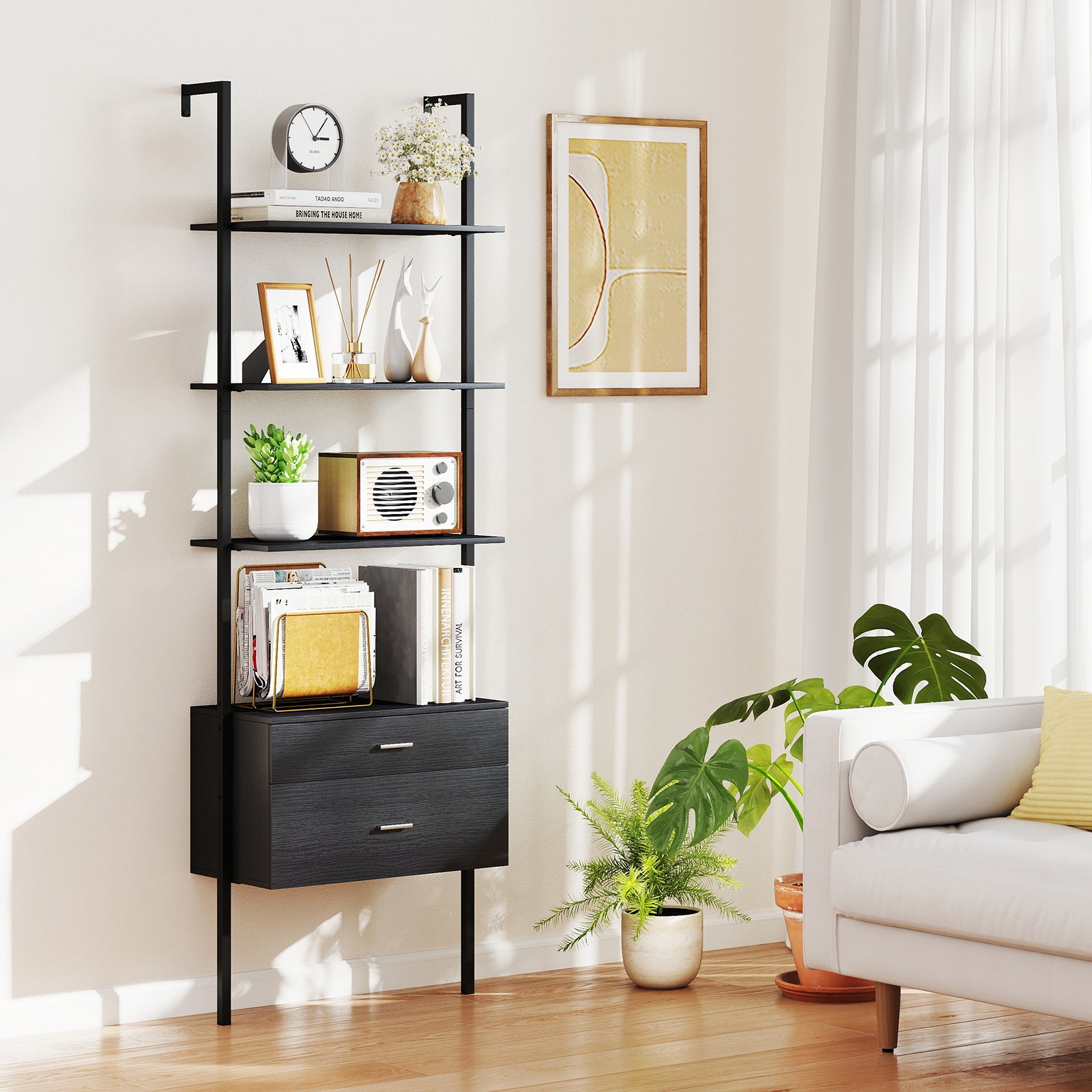 6-Tier Ladder Bookcase with 2 Drawers Wall-Mounted Bookshelf-Black