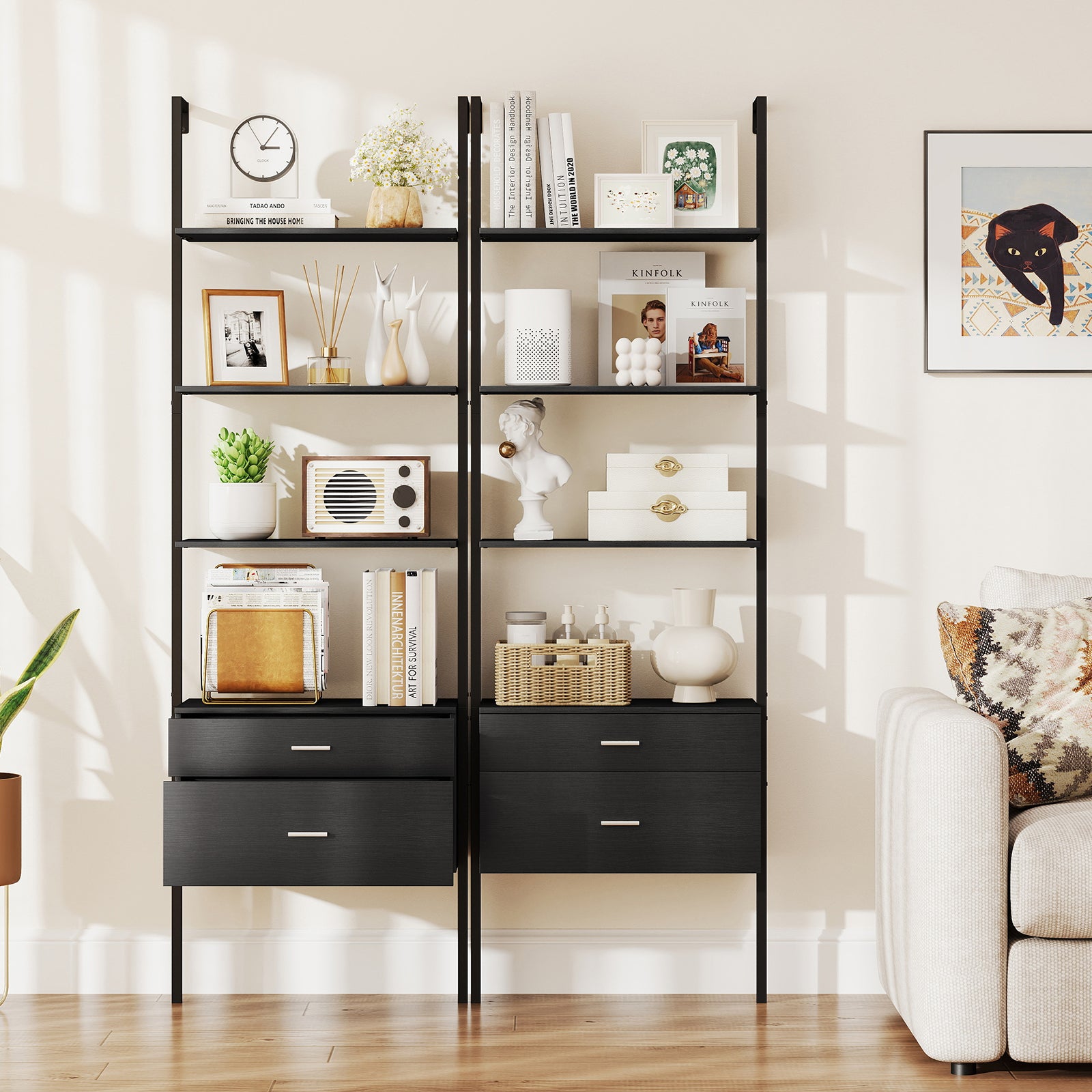 6-Tier Ladder Bookcase with 2 Drawers Wall-Mounted Bookshelf-Black