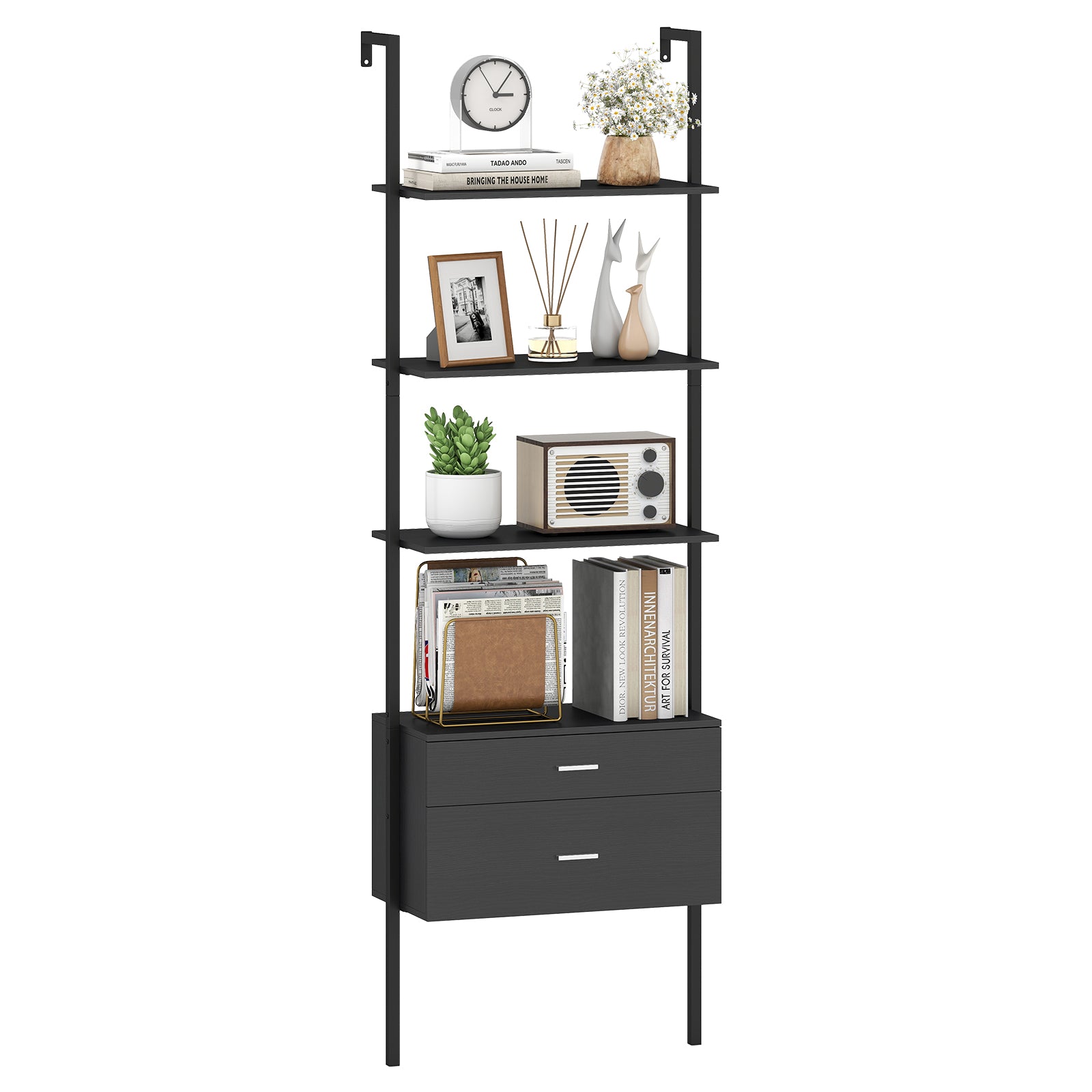 6-Tier Ladder Bookcase with 2 Drawers Wall-Mounted Bookshelf-Black