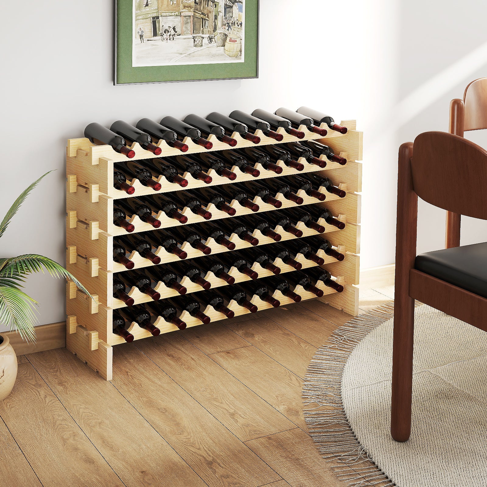 6 Tiers 60 Bottles Wine Rack with Tool-Free Assembly-Natural