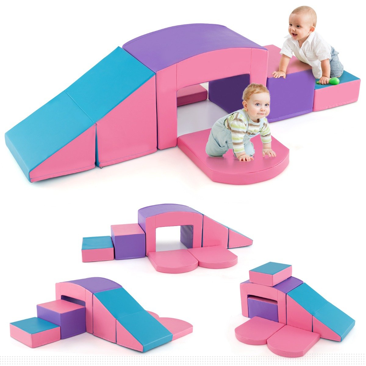 6 Pieces Foam Climbing Blocks Soft Play Climbing for Toddlers with Tunnel-Pink & Purple