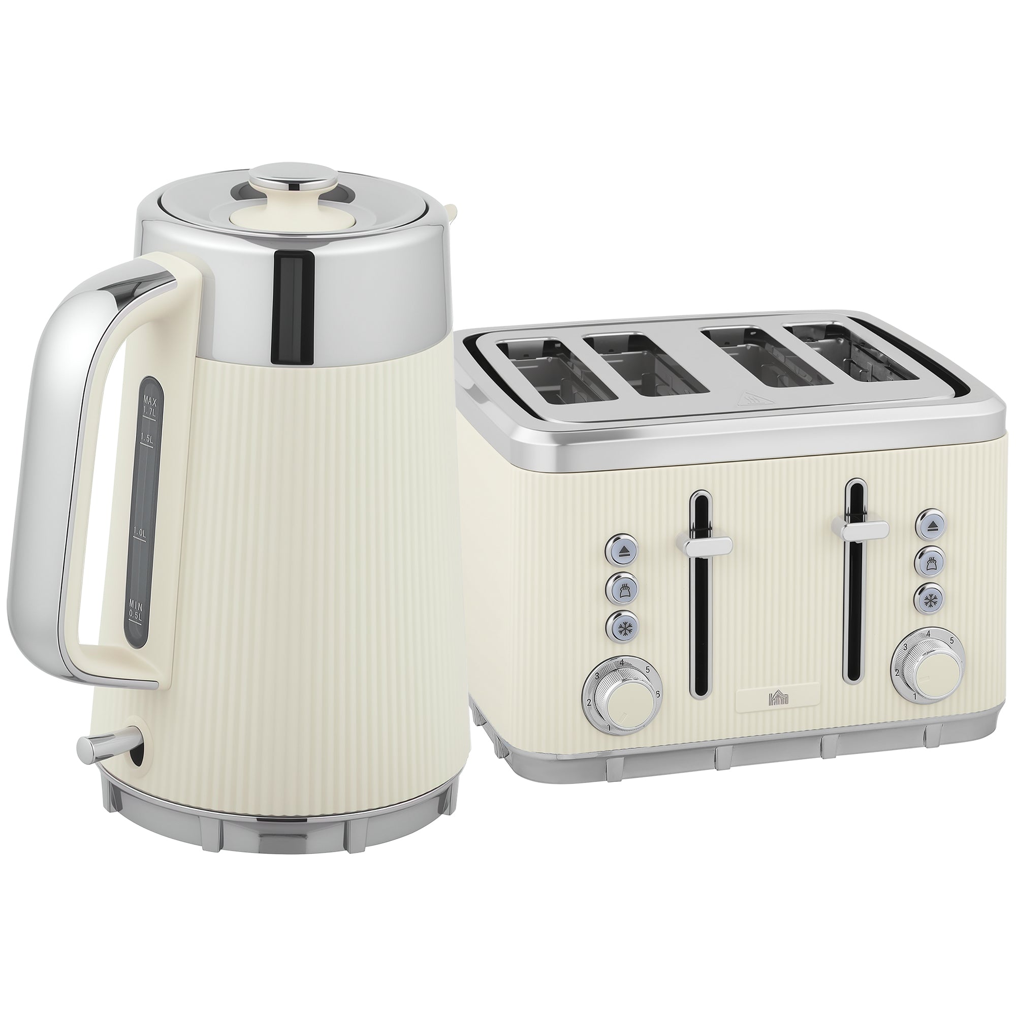HOMCOM Electric Kettle and Toaster Set, 3000W 1.7L UK Strix Thermostat Rapid Boil Jug Kettle with Limescale Filter, Cool Touch Body, 4 Slice Toaster with 7 Browning Controls, Crumb Tray, Cream