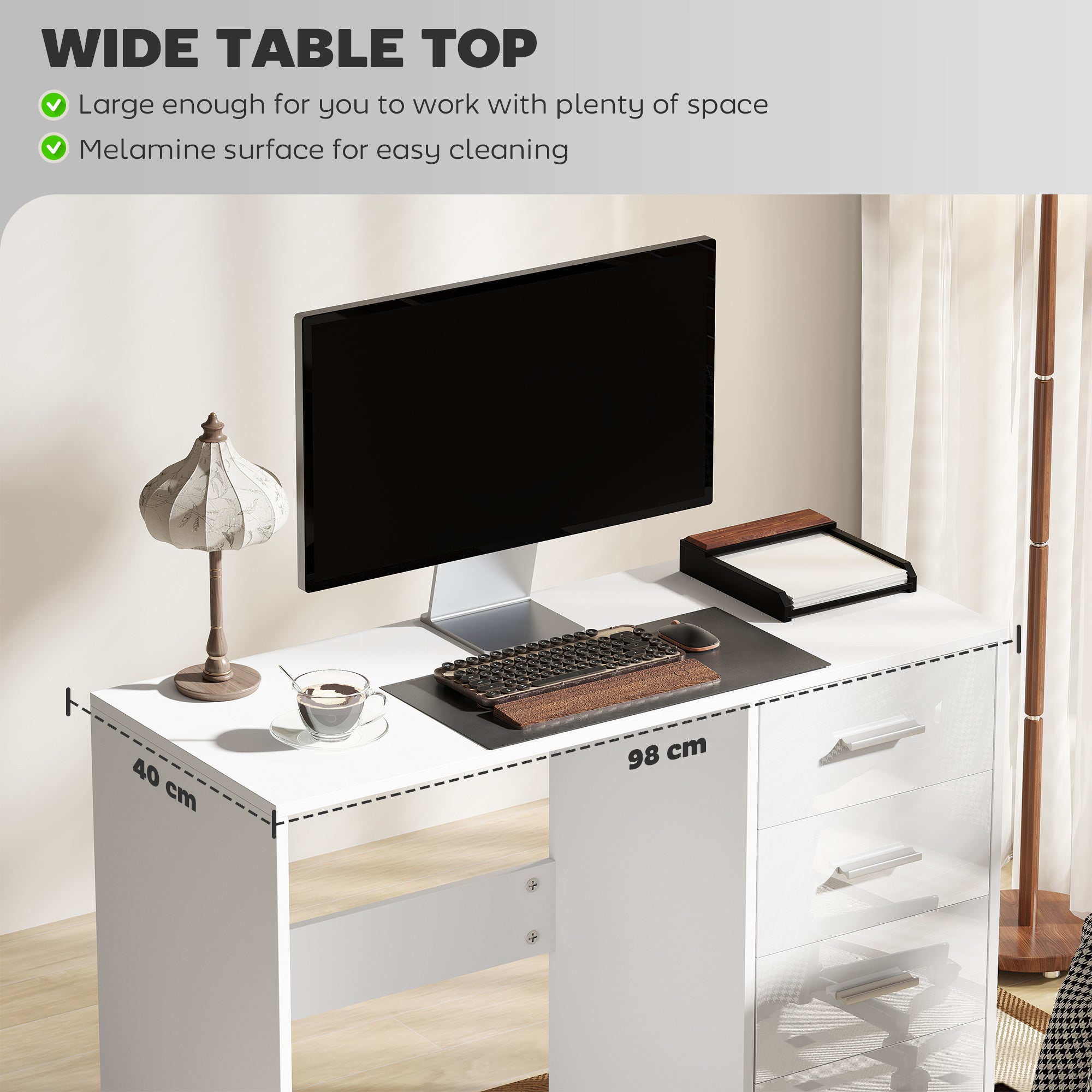 HOMCOM Computer Desk with Drawers, Dressing Table, High Gloss Home Office Writing Workstation, White