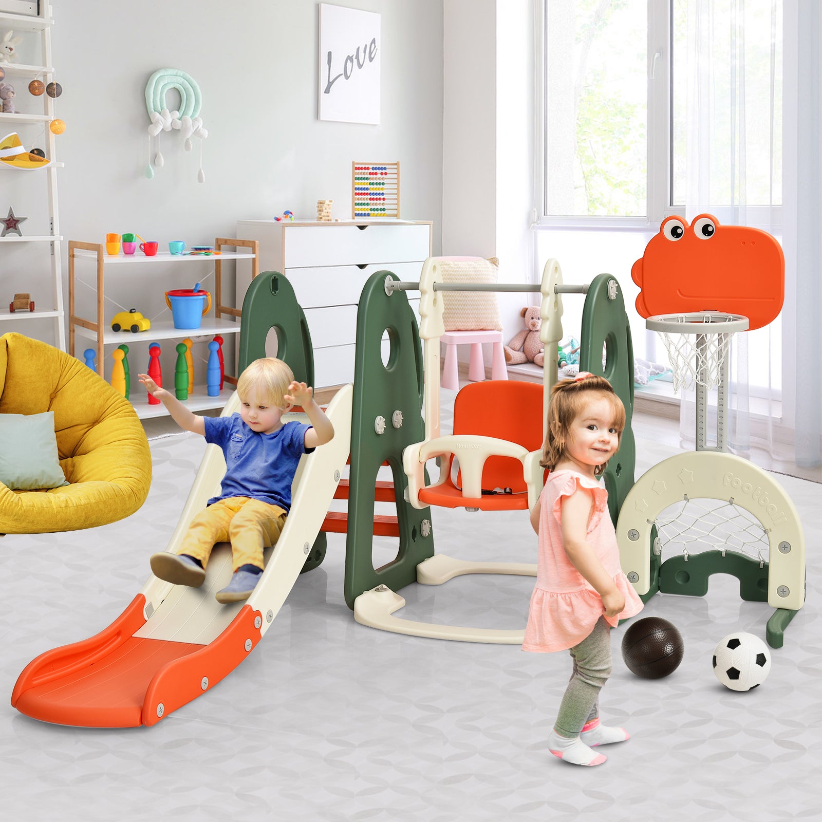 6 in 1 Toddler Slide and Swing Set with Adjustable Basketball Hoop for Indoor-Orange