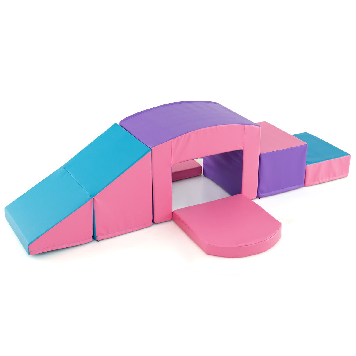 6 Pieces Foam Climbing Blocks Soft Play Climbing for Toddlers with Tunnel-Pink & Purple