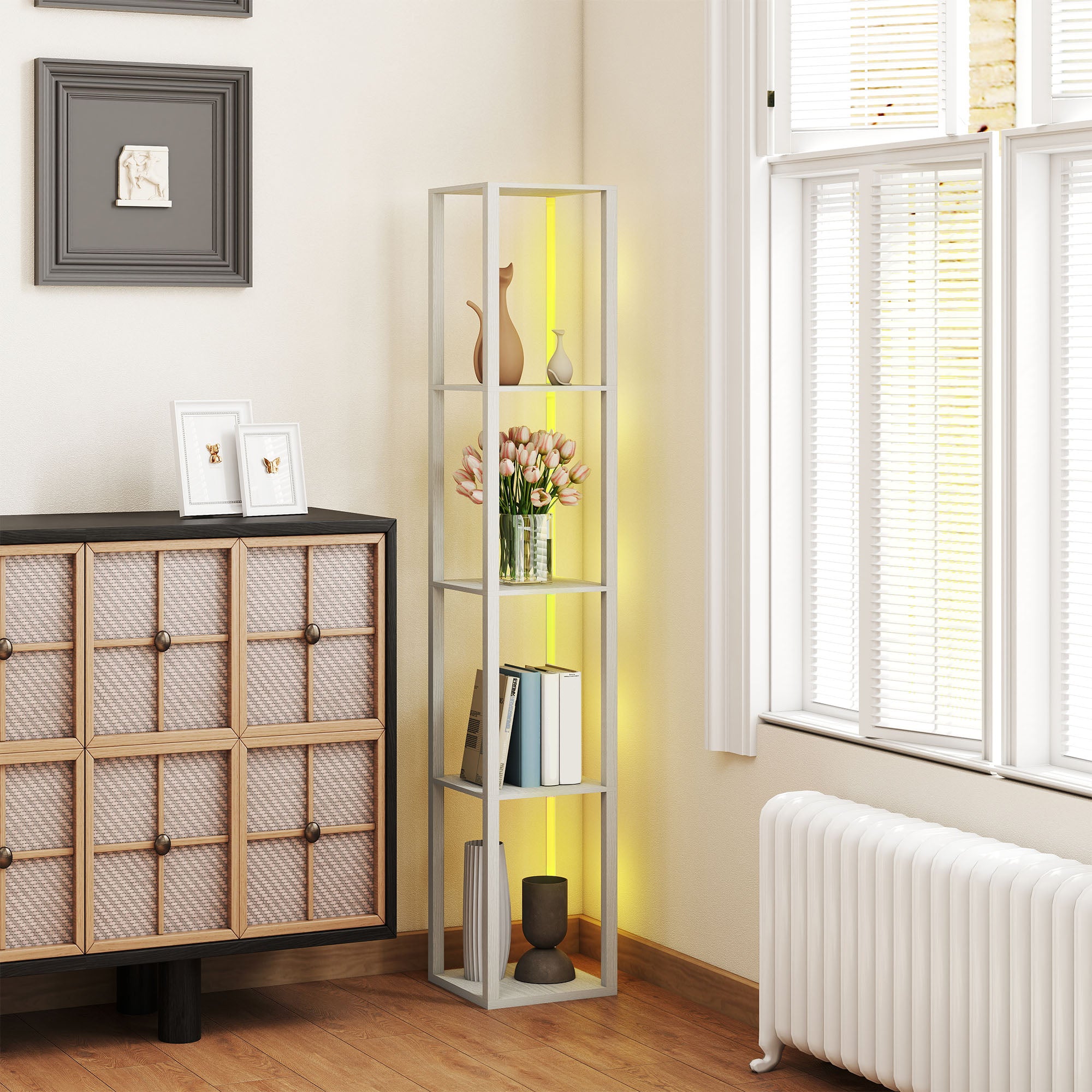 HOMCOM RGB LED Floor Lamp with Shelves, Modern Dimmable Standing Lamp with Remote Control, Adjustable Brightness & Speed for Living Room, Bedroom, Office, Oak