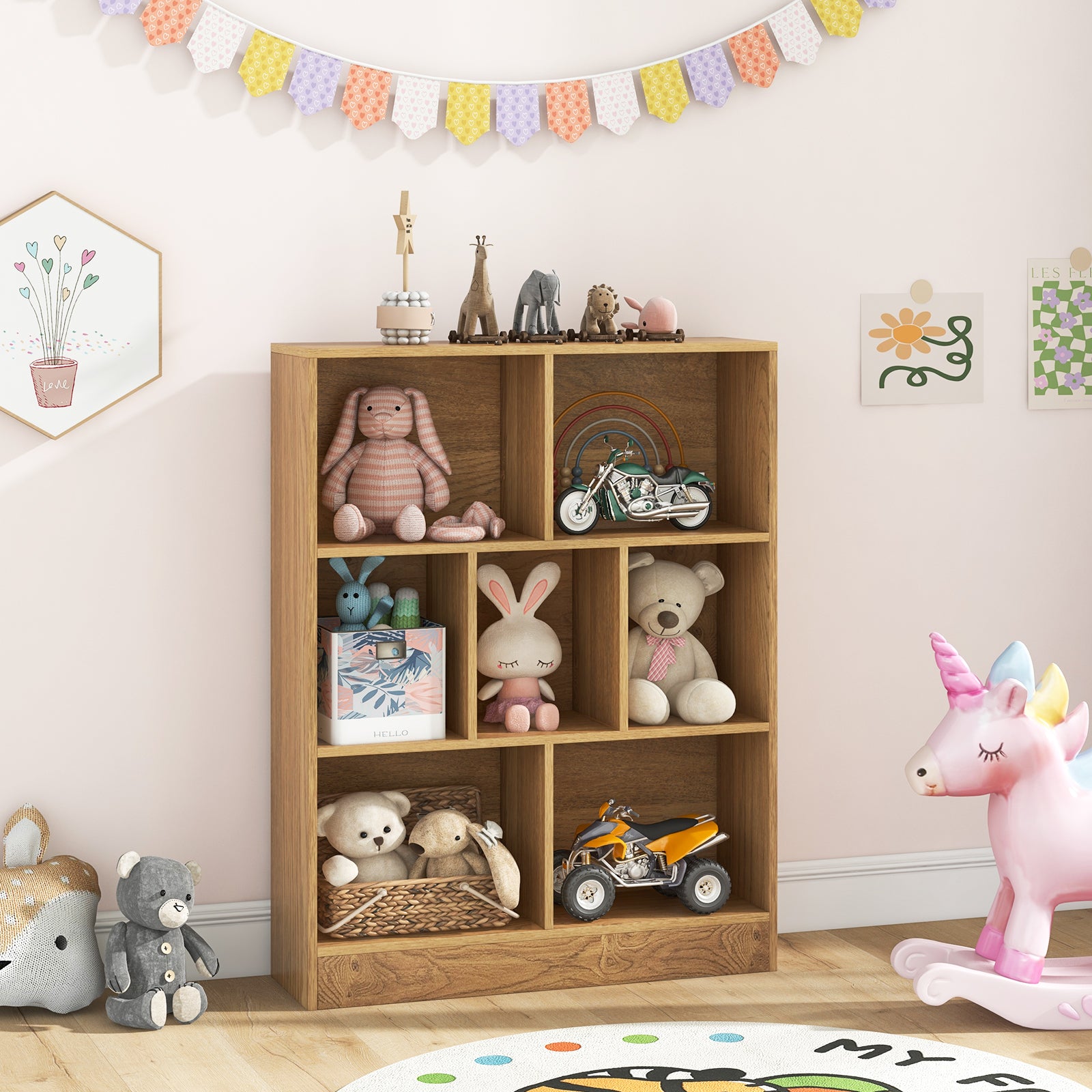 7-Cube Bookshelf with 2 Anti-Tipping Kits for Living Room and Kid‚Äôs Room-Natural