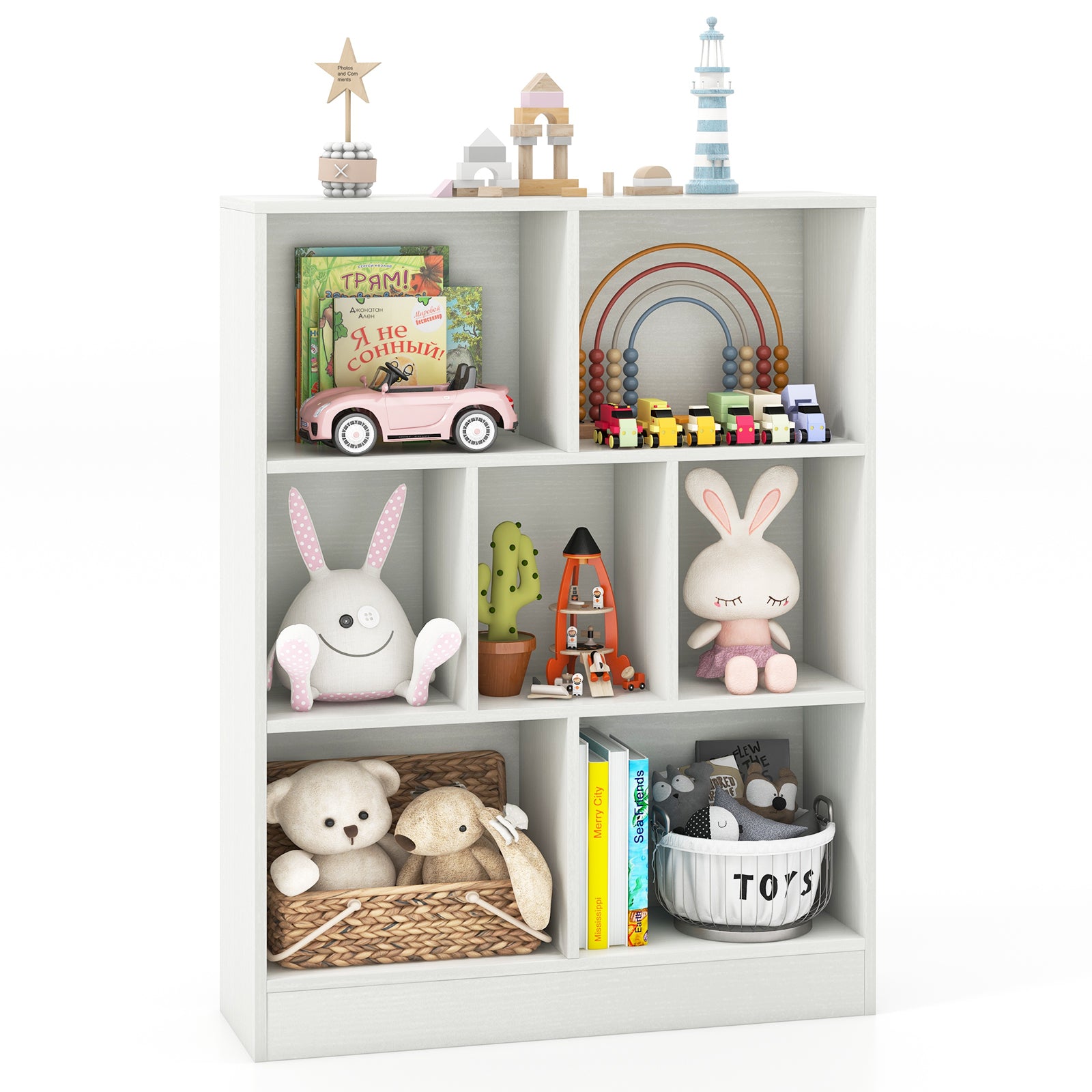 7-Cube Bookshelf with 2 Anti-Tipping Kits for Living Room and Kid‚Äôs Room-White