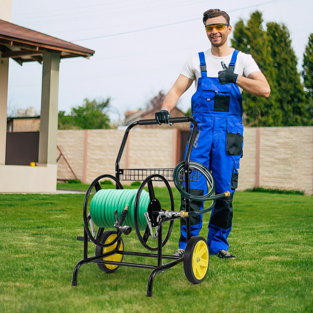 70 m of 20 mm Large Capacity Garden Hose Reel Cart with 2 Wheels-Black