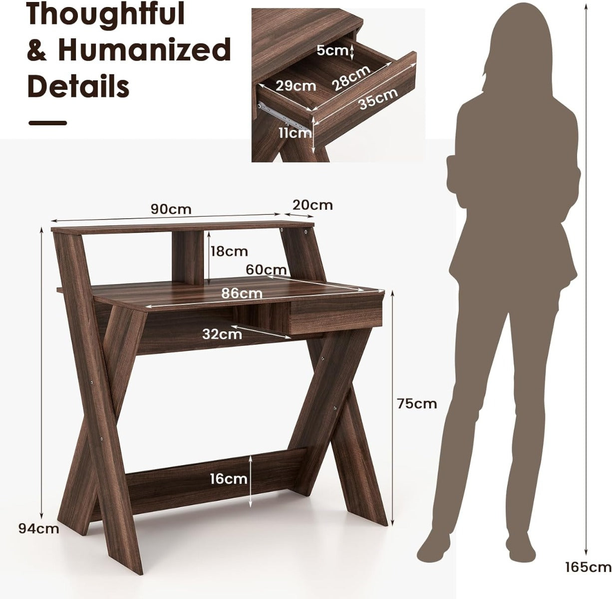Computer Desk with Storage Drawer and Monitor Stand Riser-Walnut