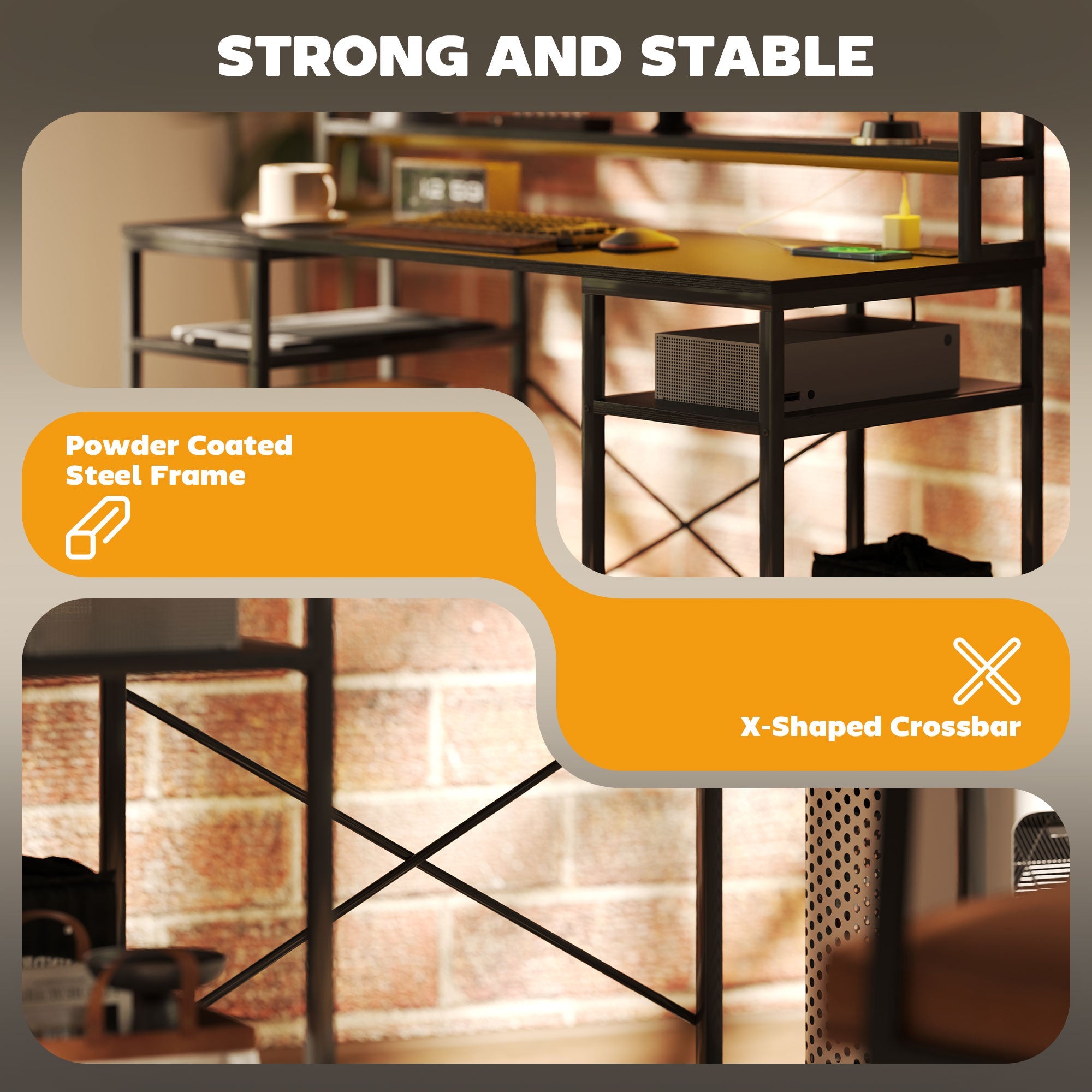 HOMCOM Computer Desk with Power Outlets and LED Lights, Home Office Desk with Monitor Stand, 2 CPU Stands and Storage Shelves, Study Table Gaming Desk with Hutch, Black