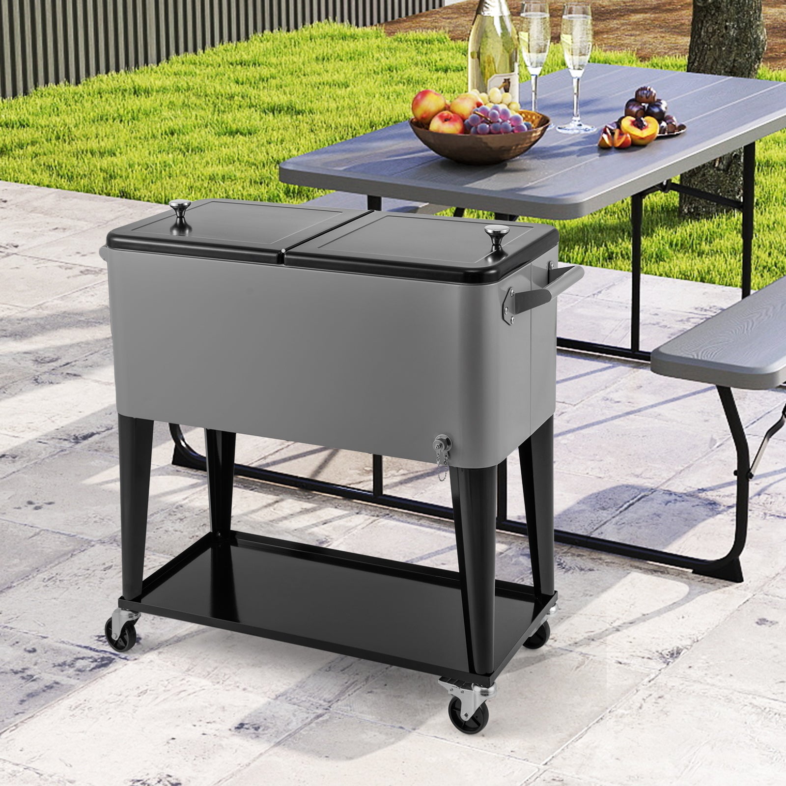 75 L Portable Patio Rolling Ice Chest with Bottom Storage Shelf-Grey