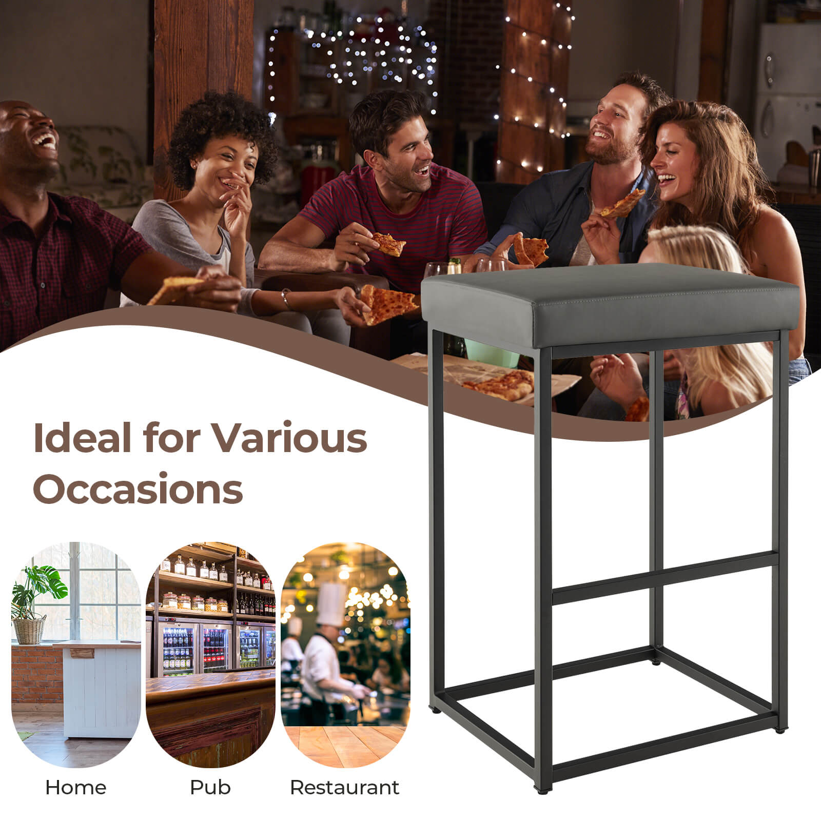 76 cm Barstools Set of 2 with PU Leather Cover and Footrest-Grey