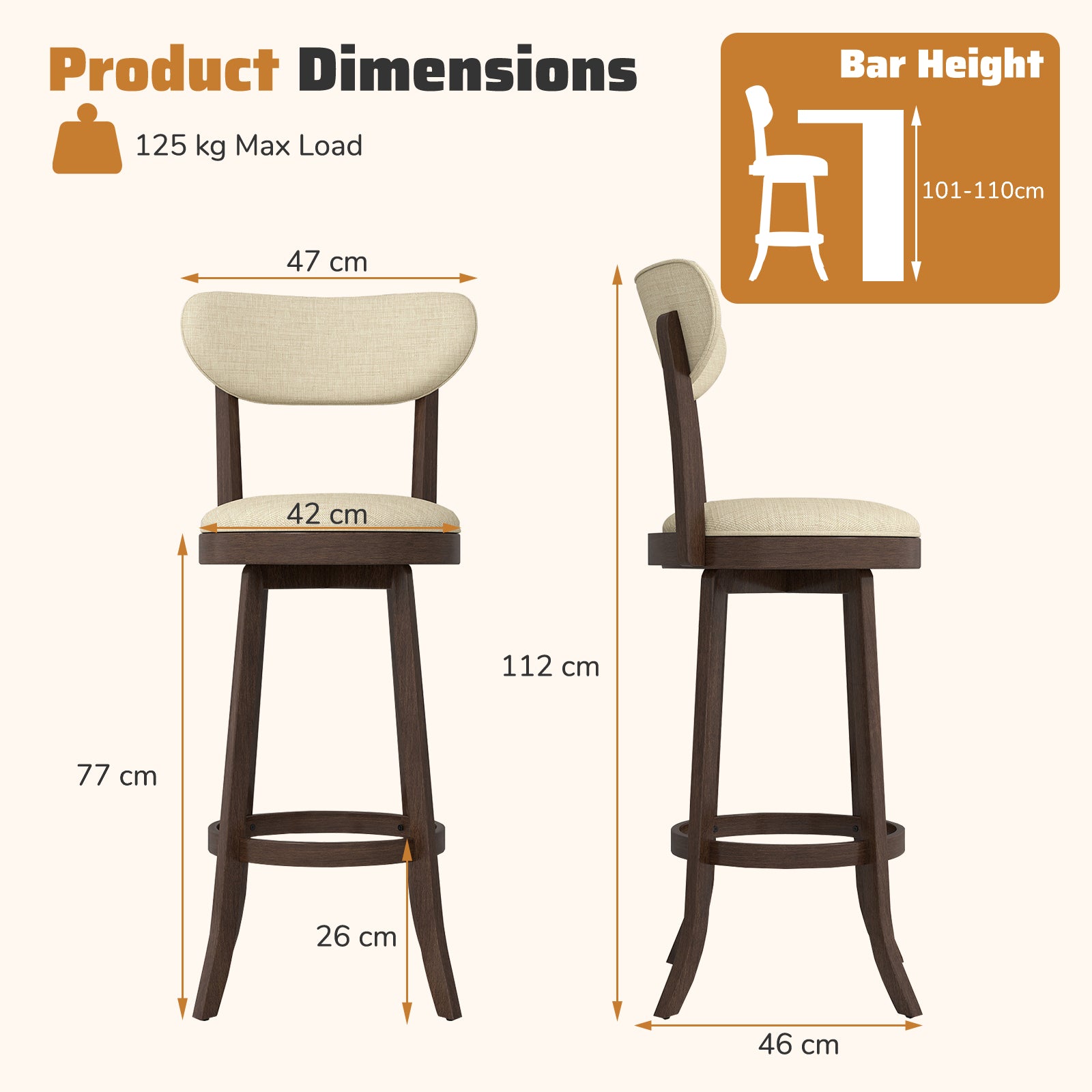 64/77CM Counter Height Chairs Set of 2 with Padded Seat and Backrest-Brown-Size 2