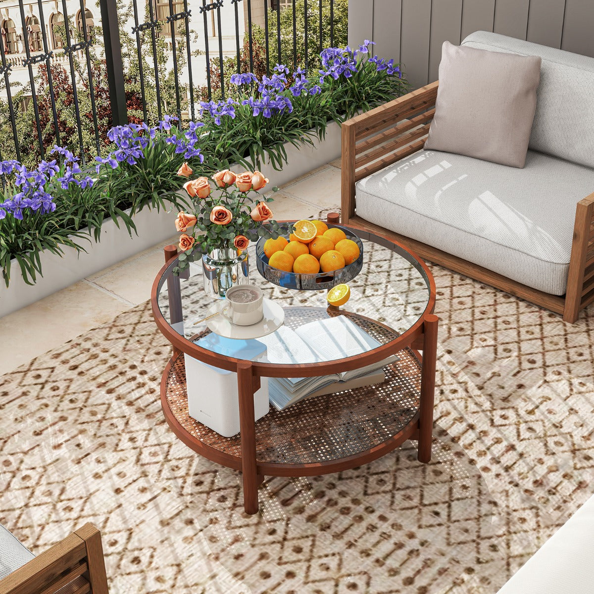 78cm Round Coffee Table with Tempered Glass Top-Natural