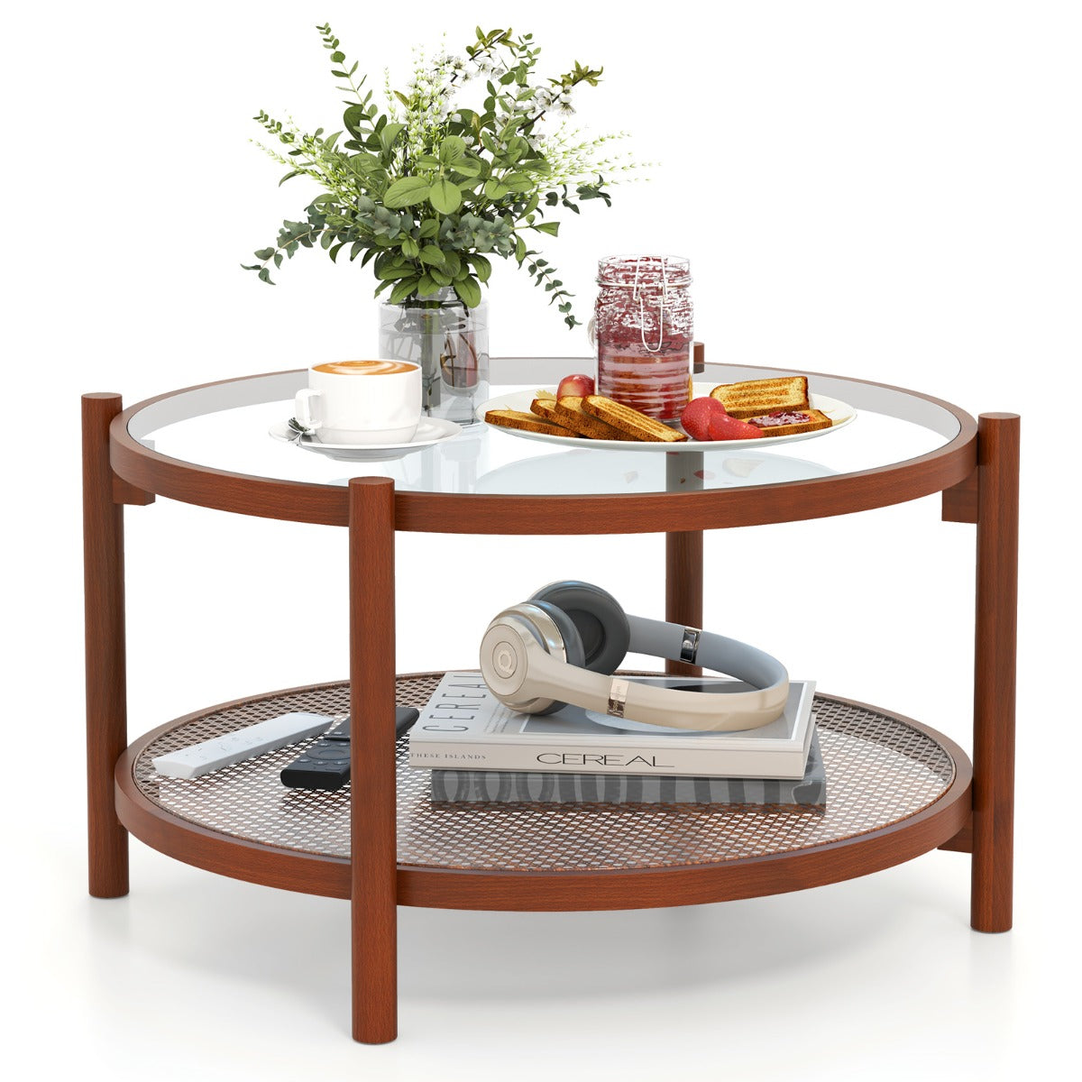 78cm Round Coffee Table with Tempered Glass Top-Natural