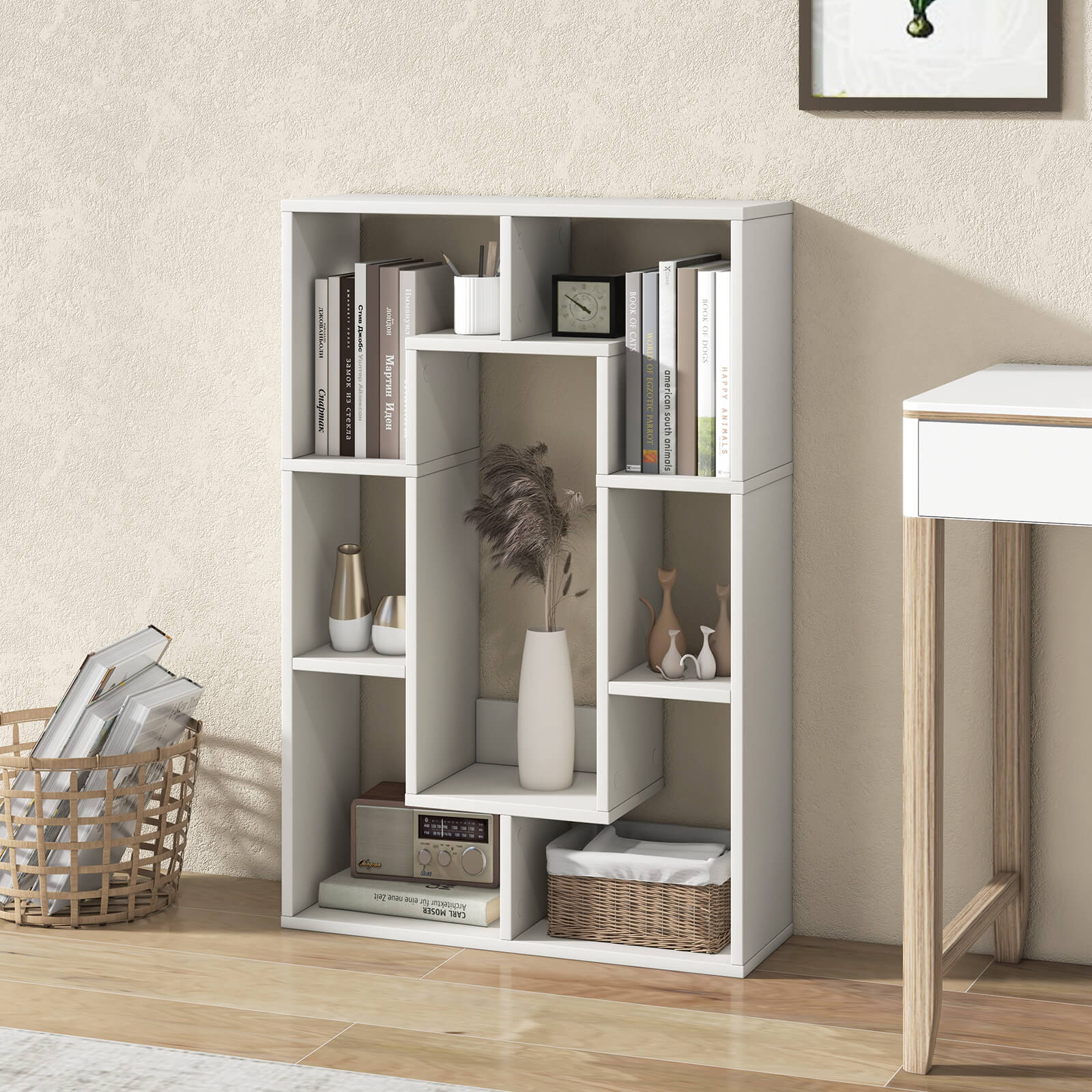 7-Cube Geometric Bookshelf Open Bookcase with Anti-Toppling Device-White