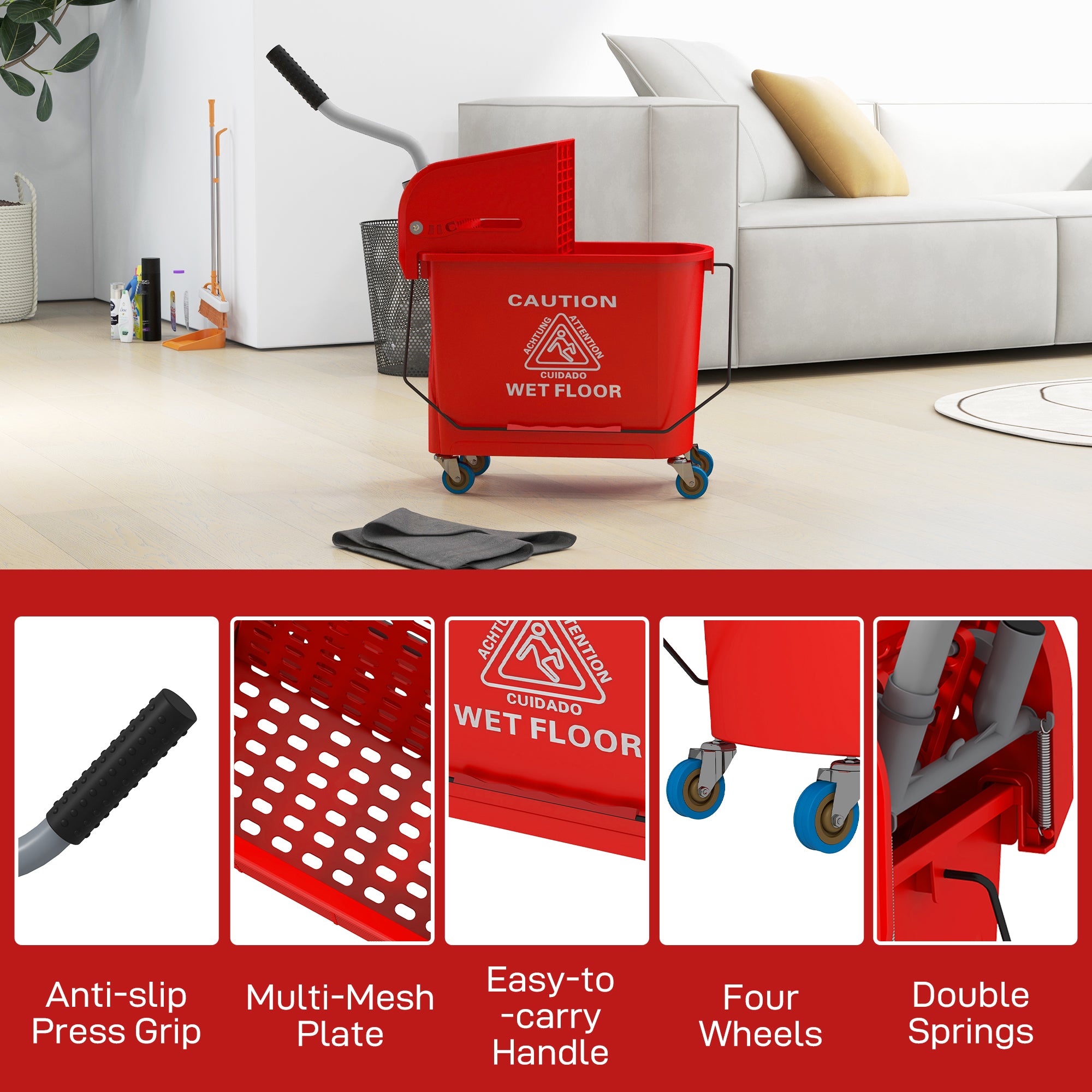 HOMCOM 20L Compact Mop Bucket on Wheels, with Water Separation Panel - Red