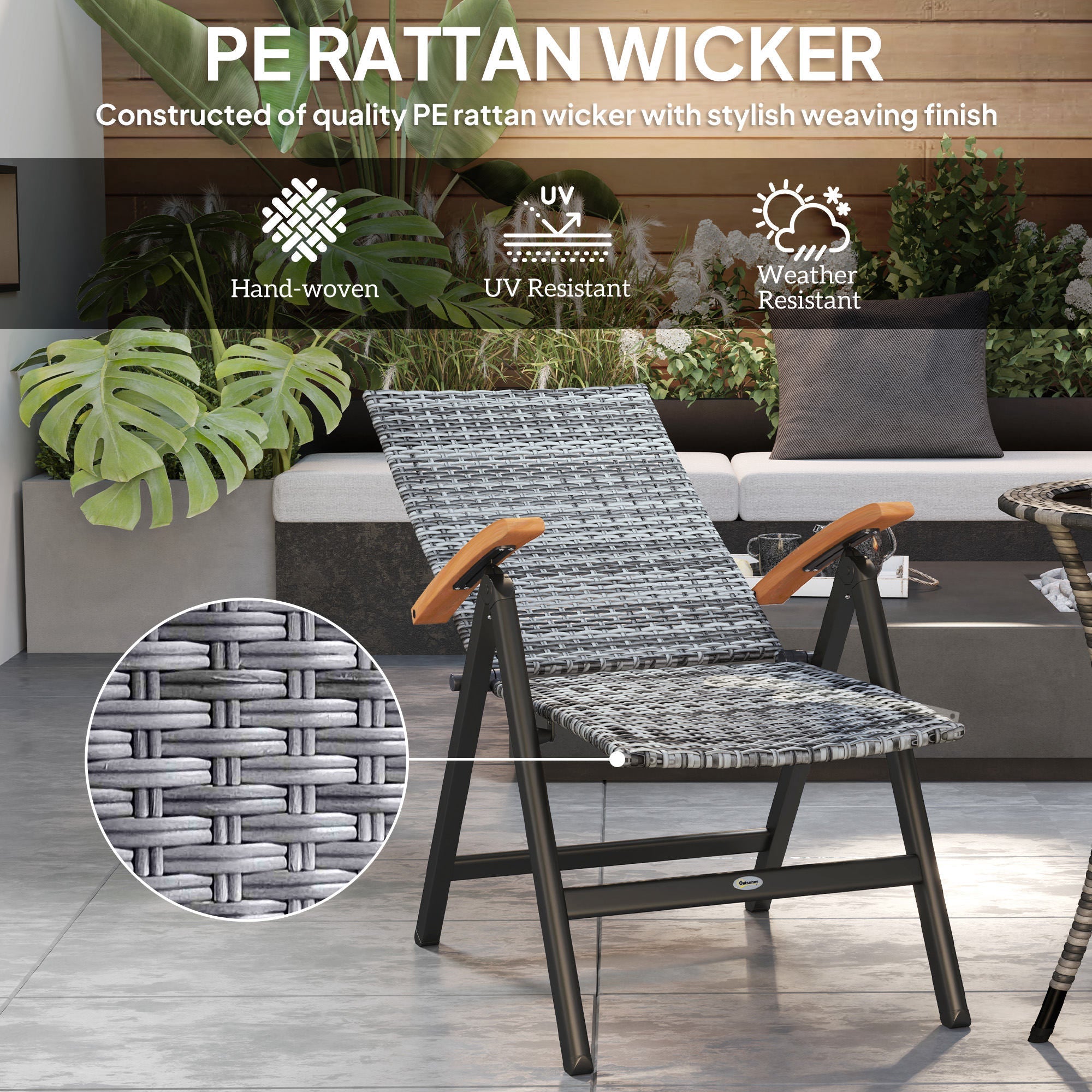 Outsunny 2 Pieces Folding Rattan Garden Dining Chairs with 5-level Reclining High Back, Wood Armrests for Outdoor - Light Grey
