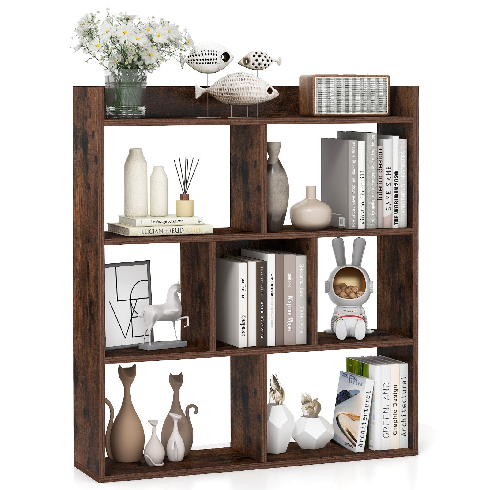 7 Cubes Open-back Bookshelf Home Storage Display Shelf-Coffee