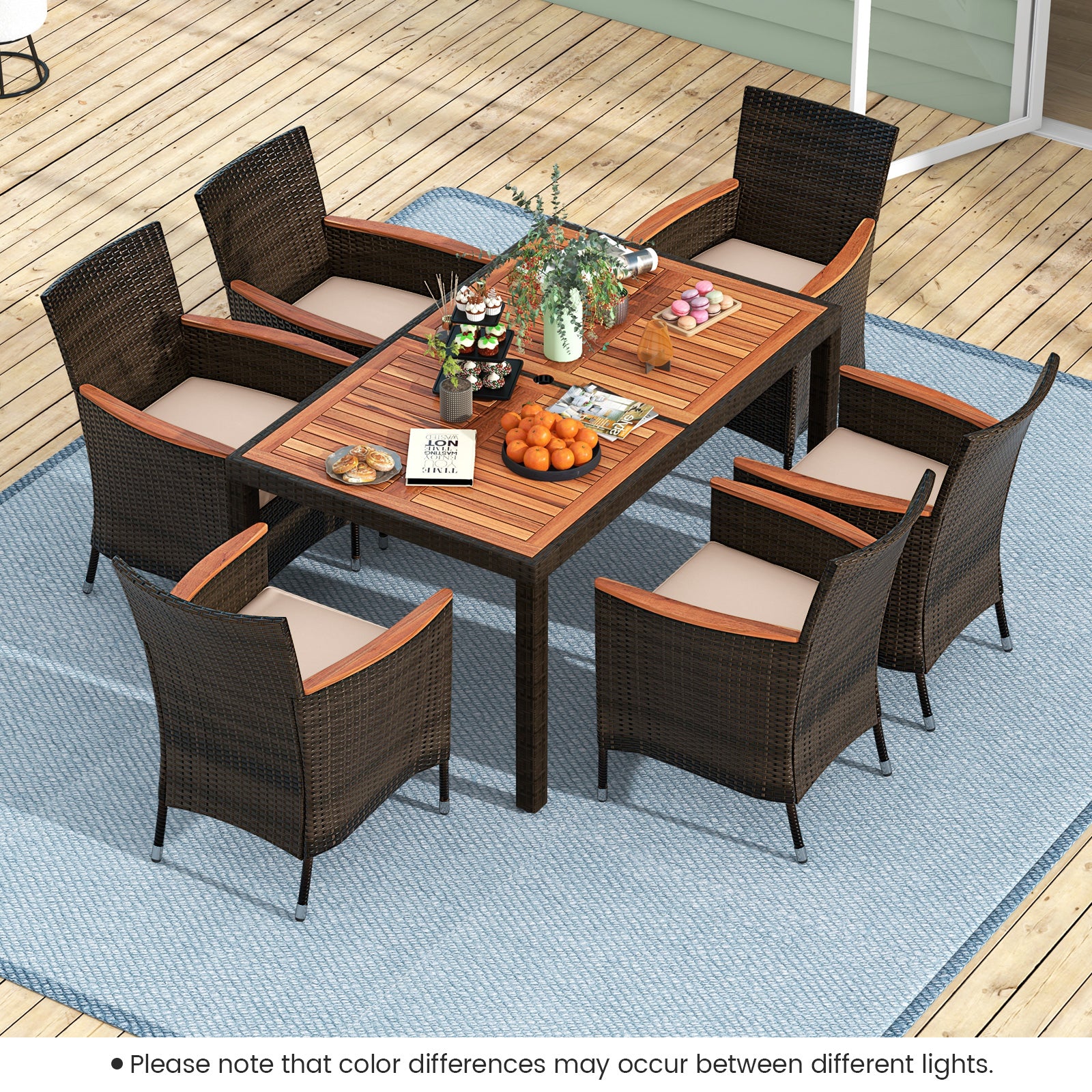 7 Pieces Patio Wicker Dining Set Acacia Wood Table and 6 Stackable Chairs