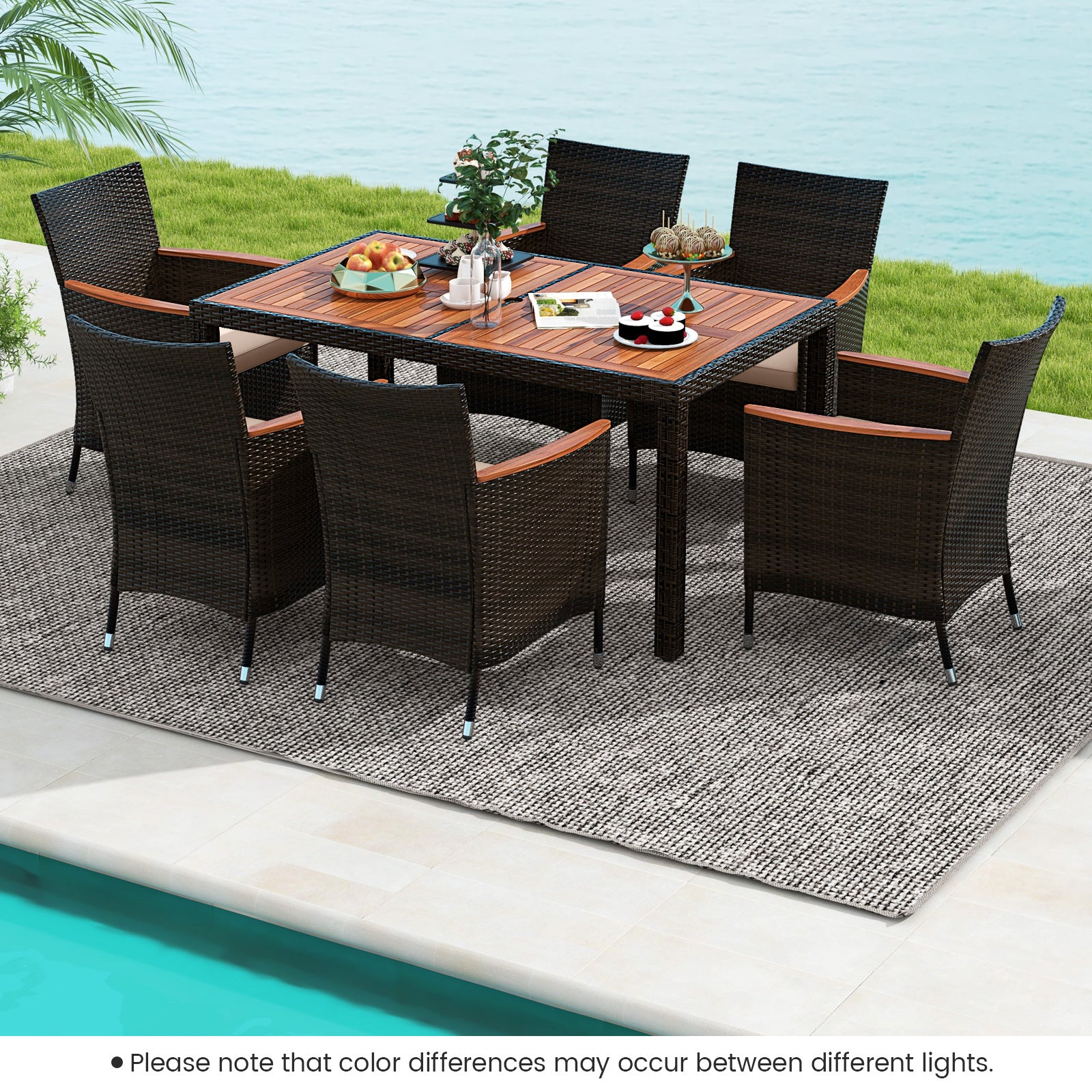 7 Pieces Patio Wicker Dining Set Acacia Wood Table and 6 Stackable Chairs
