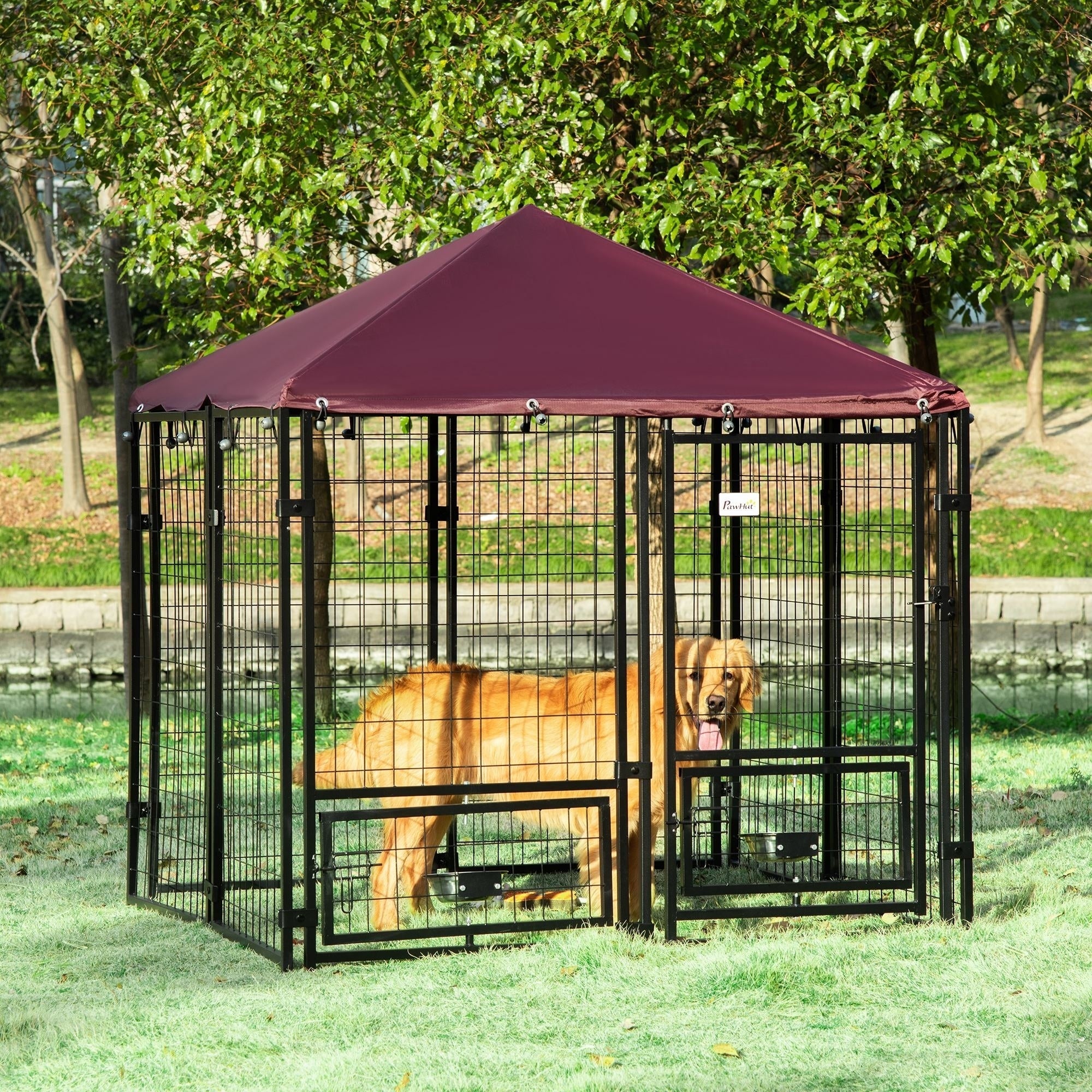 PawHut Outdoor Dog Kennel with Rotating Bowl Holders, Water and UV-Resistant Cover, for Medium, Small Dogs, Red