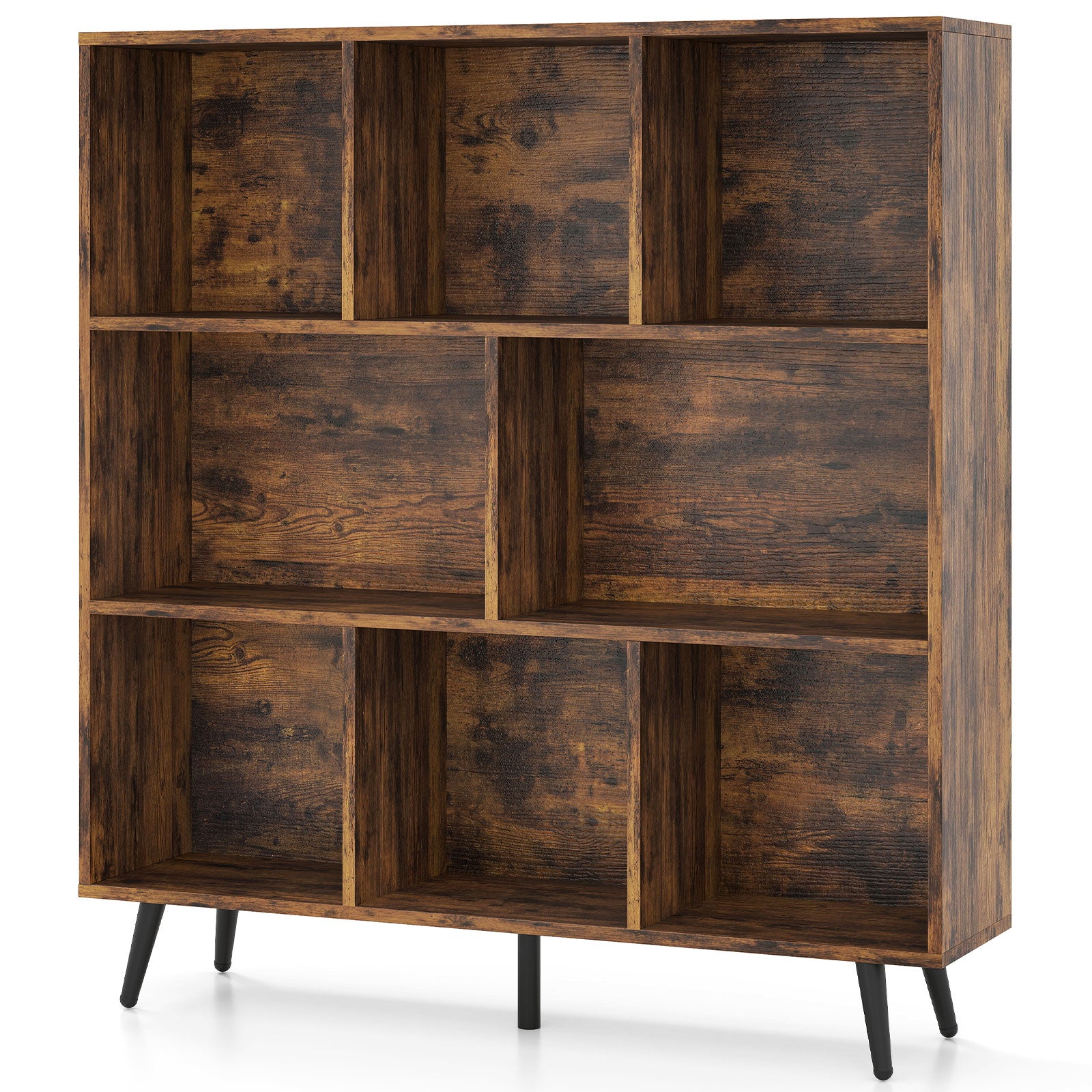 8-Cube Mid Century Modern Bookcase with 5 Tapered Metal Legs-Coffee