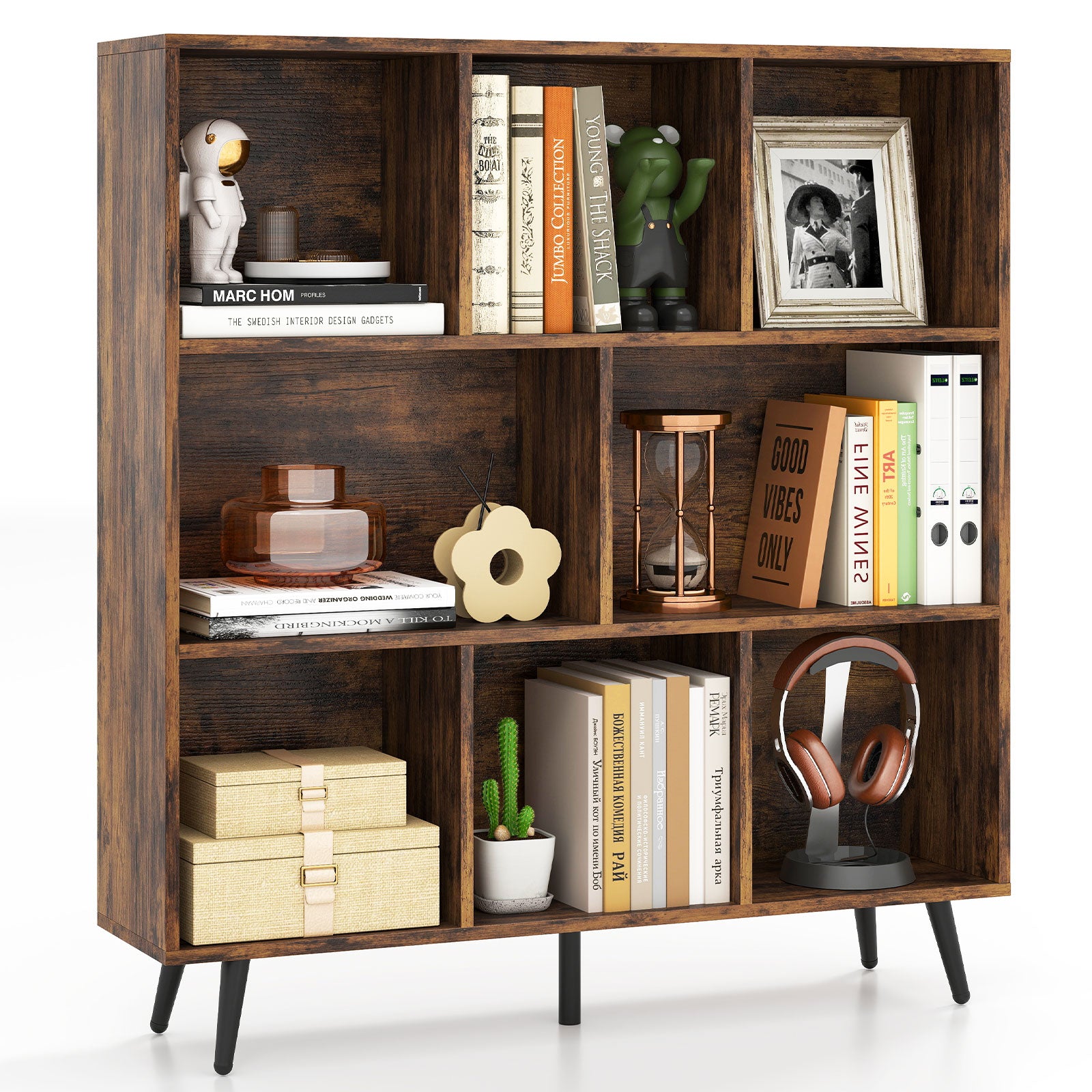 8-Cube Mid Century Modern Bookcase with 5 Tapered Metal Legs-Coffee